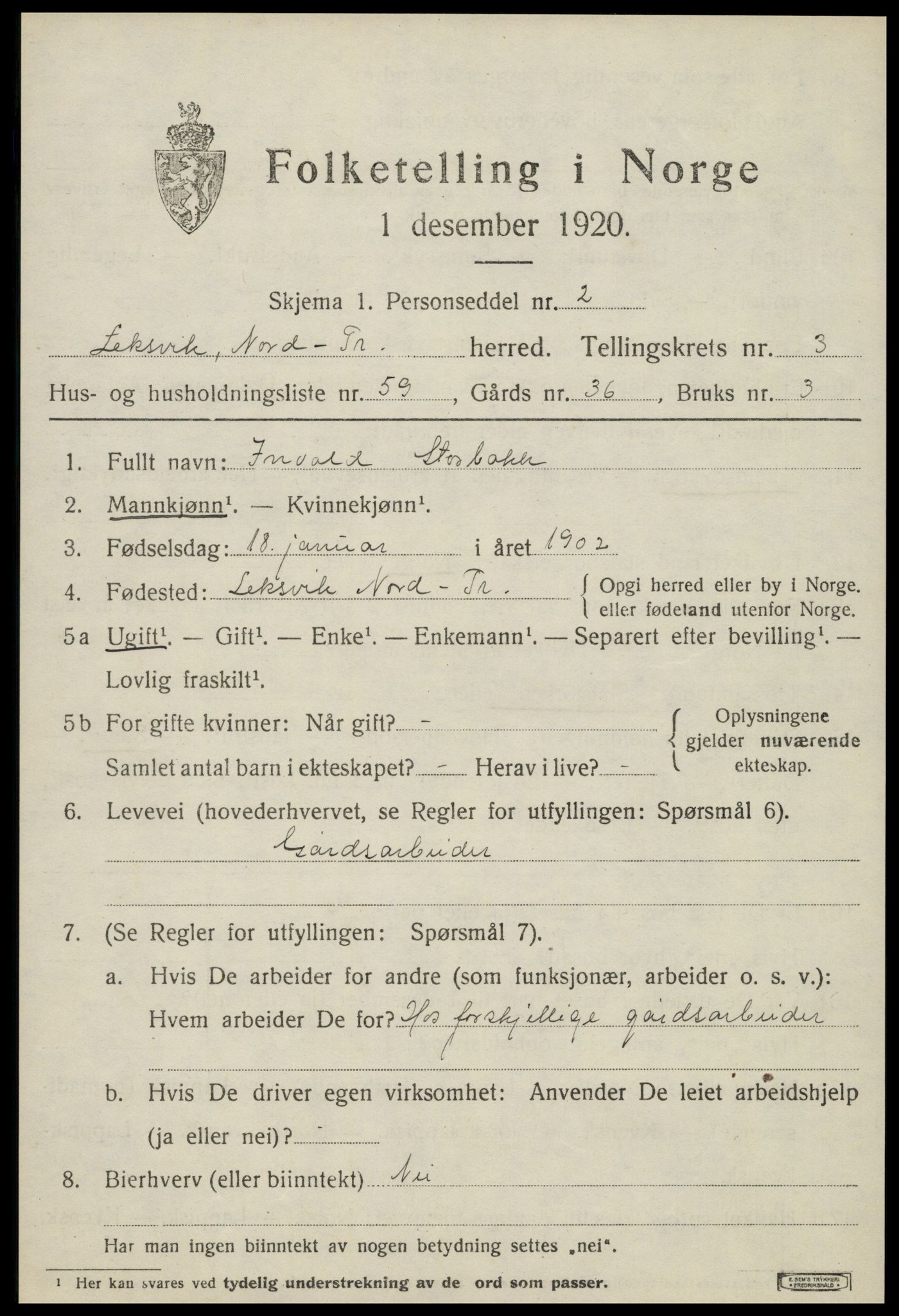 SAT, Folketelling 1920 for 1718 Leksvik herred, 1920, s. 3482