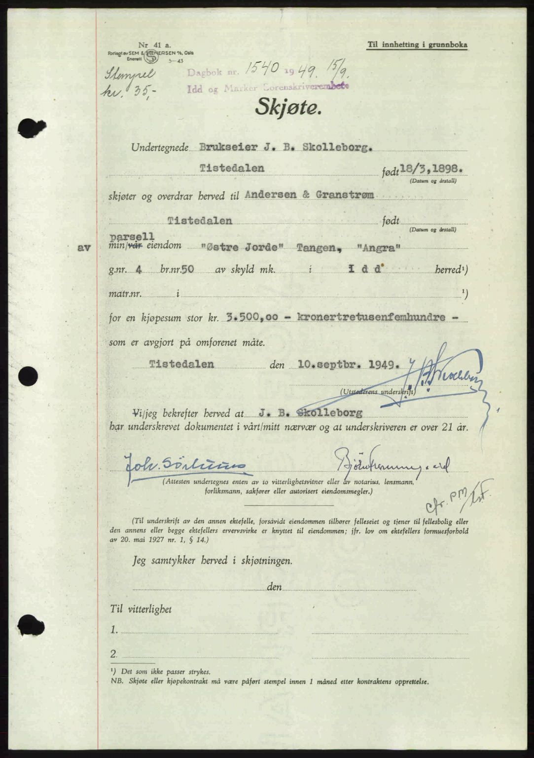 Idd og Marker sorenskriveri, SAO/A-10283/G/Gb/Gbb/L0012: Pantebok nr. A12, 1949-1949, Dagboknr: 1540/1949