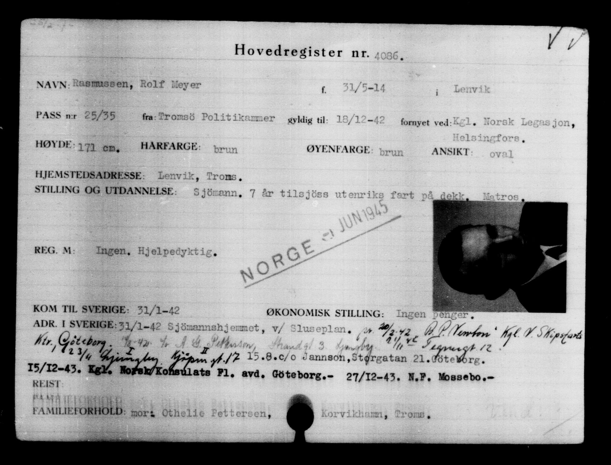 Den Kgl. Norske Legasjons Flyktningskontor, AV/RA-S-6753/V/Va/L0004: Kjesäterkartoteket.  Flyktningenr. 3496-6610, 1940-1945, s. 696