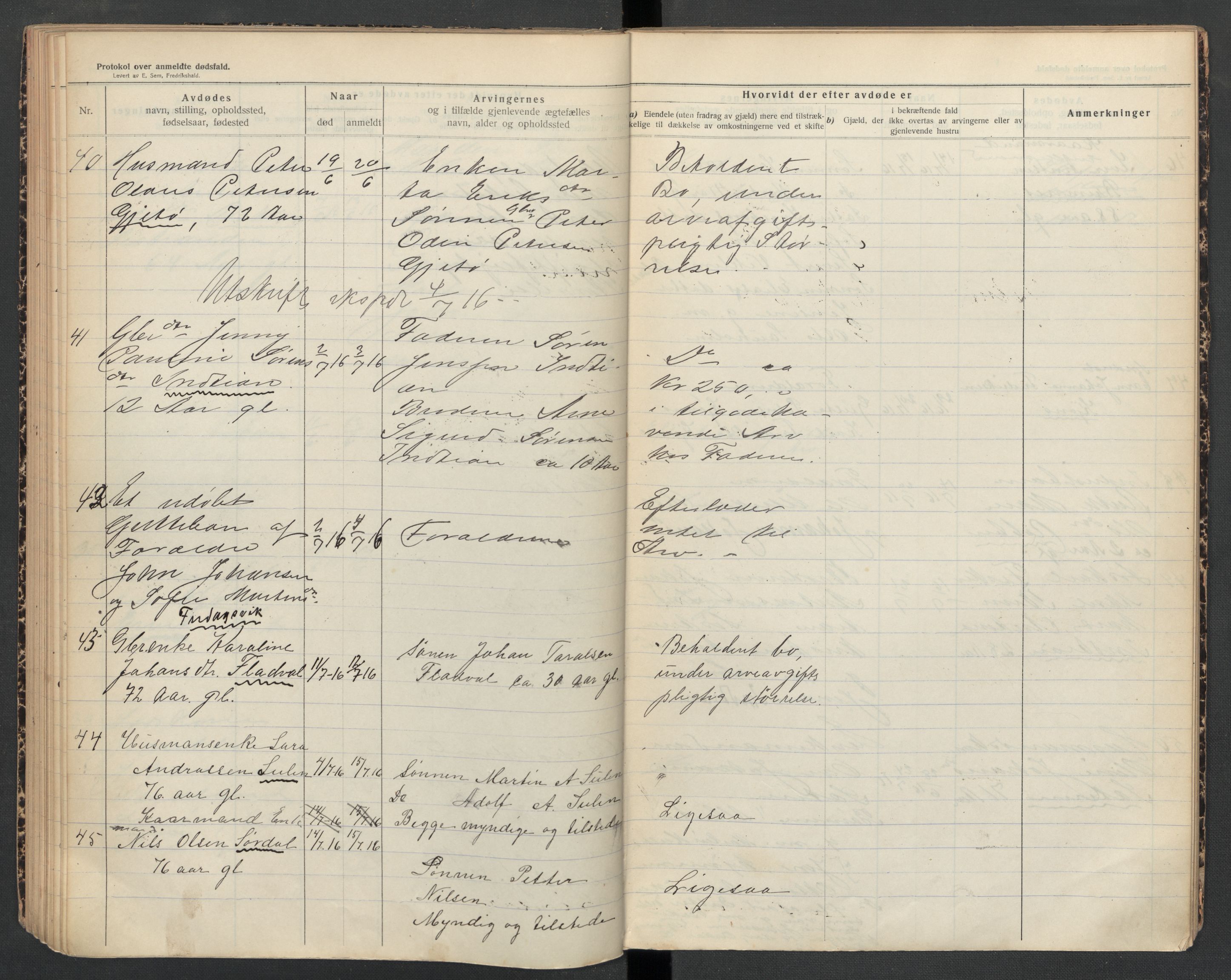 Frøya lensmannskontor, AV/SAT-A-1050/2/Ga/L0002: Dødsfallsprotokoll  (løse ark / vedlegg, se Yb 2), 1913-1918