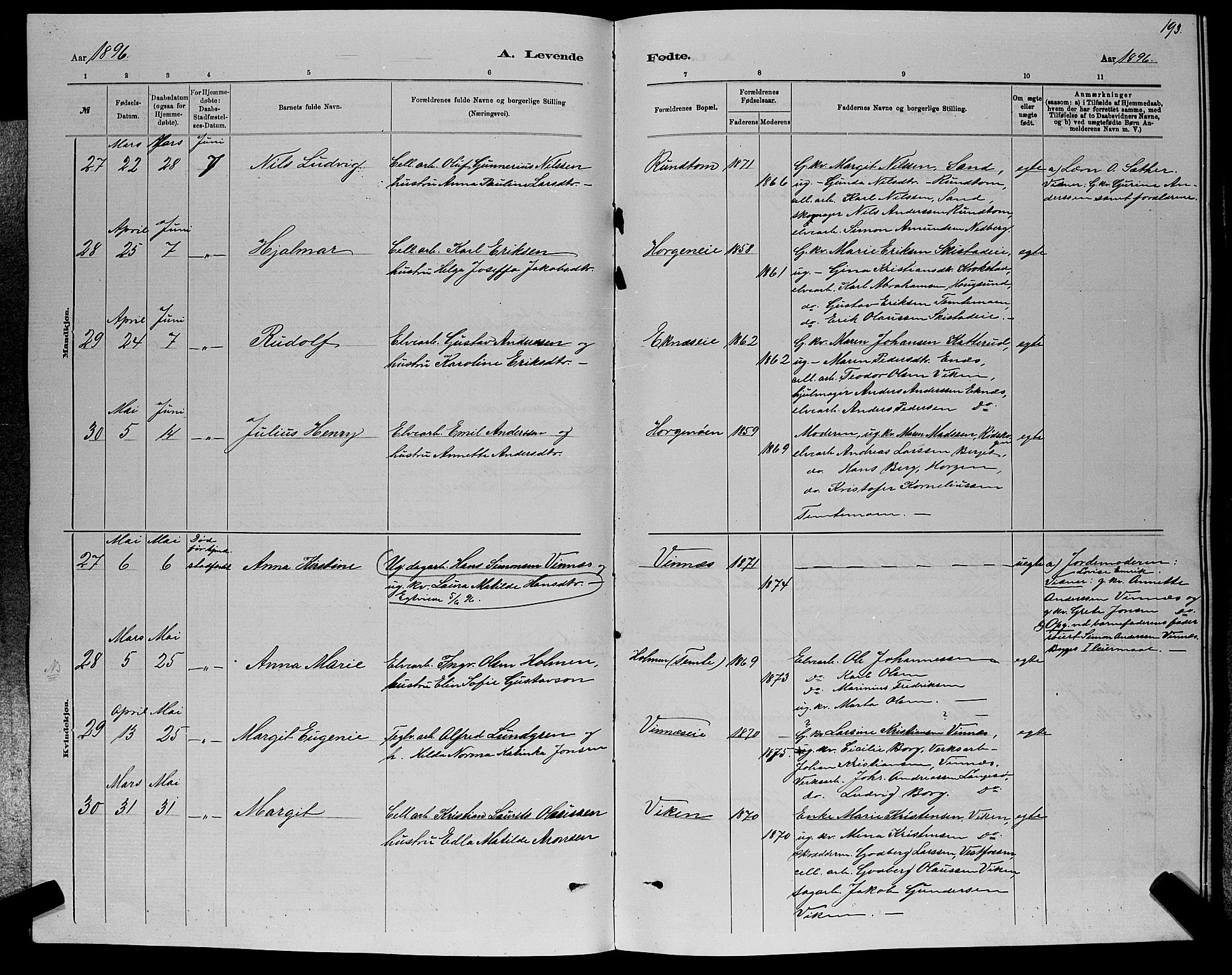 Nedre Eiker kirkebøker, AV/SAKO-A-612/G/Ga/L0002: Klokkerbok nr. 2, 1880-1896, s. 193