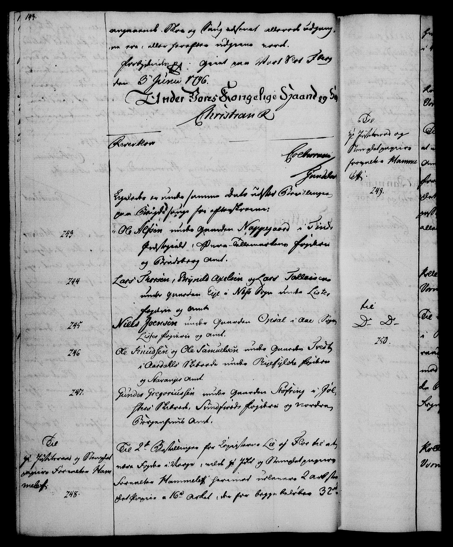 Rentekammeret, Kammerkanselliet, RA/EA-3111/G/Gg/Gga/L0016: Norsk ekspedisjonsprotokoll med register (merket RK 53.16), 1794-1800, s. 143