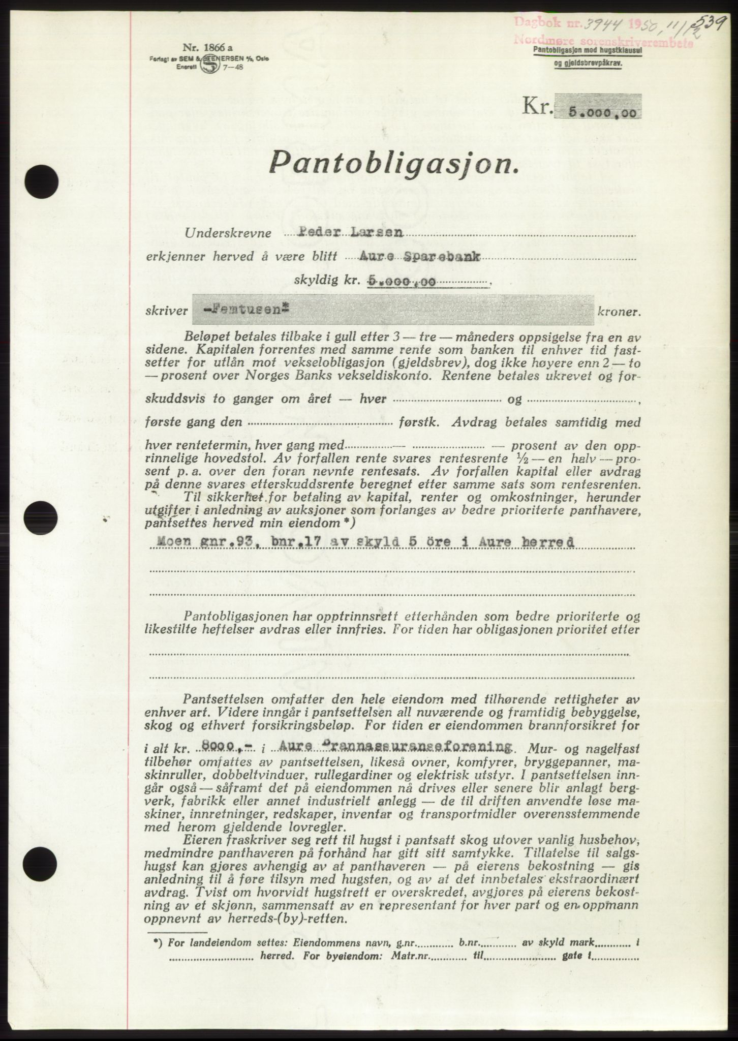 Nordmøre sorenskriveri, SAT/A-4132/1/2/2Ca: Pantebok nr. B106, 1950-1950, Dagboknr: 3944/1950