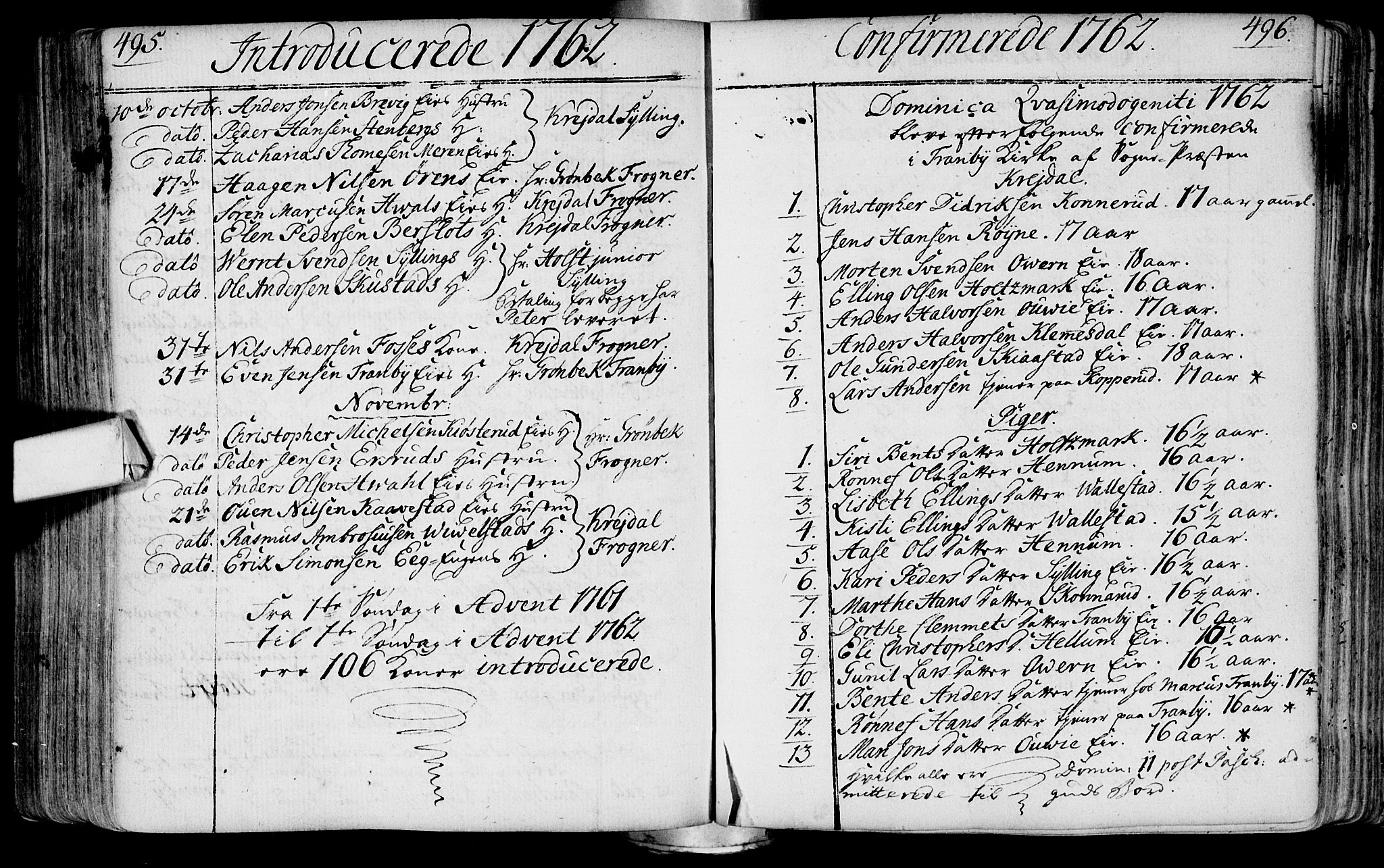 Lier kirkebøker, AV/SAKO-A-230/F/Fa/L0004: Ministerialbok nr. I 4, 1749-1764, s. 495-496