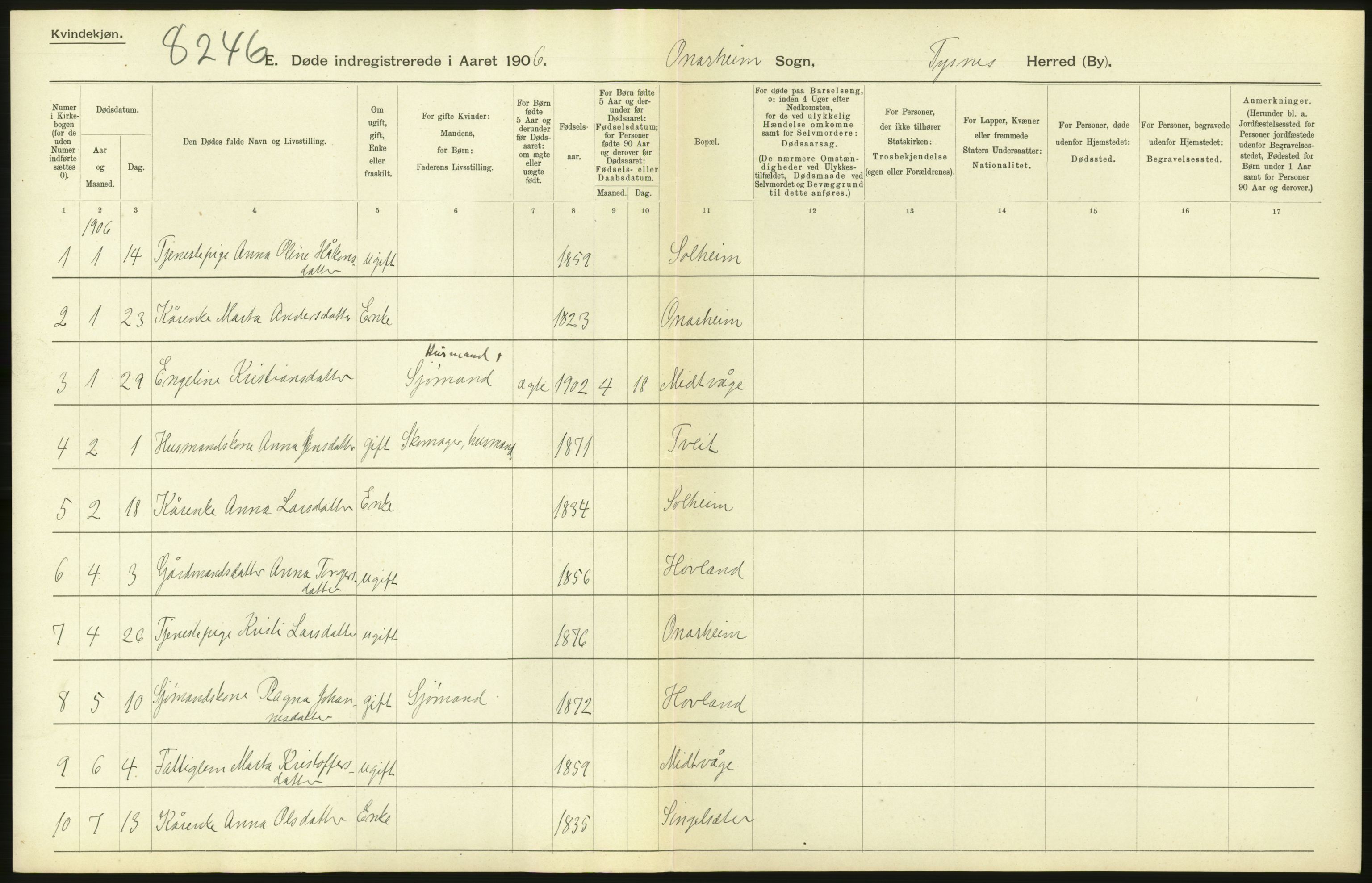 Statistisk sentralbyrå, Sosiodemografiske emner, Befolkning, AV/RA-S-2228/D/Df/Dfa/Dfad/L0030: S. Bergenhus amt: Døde. Bygder., 1906, s. 14