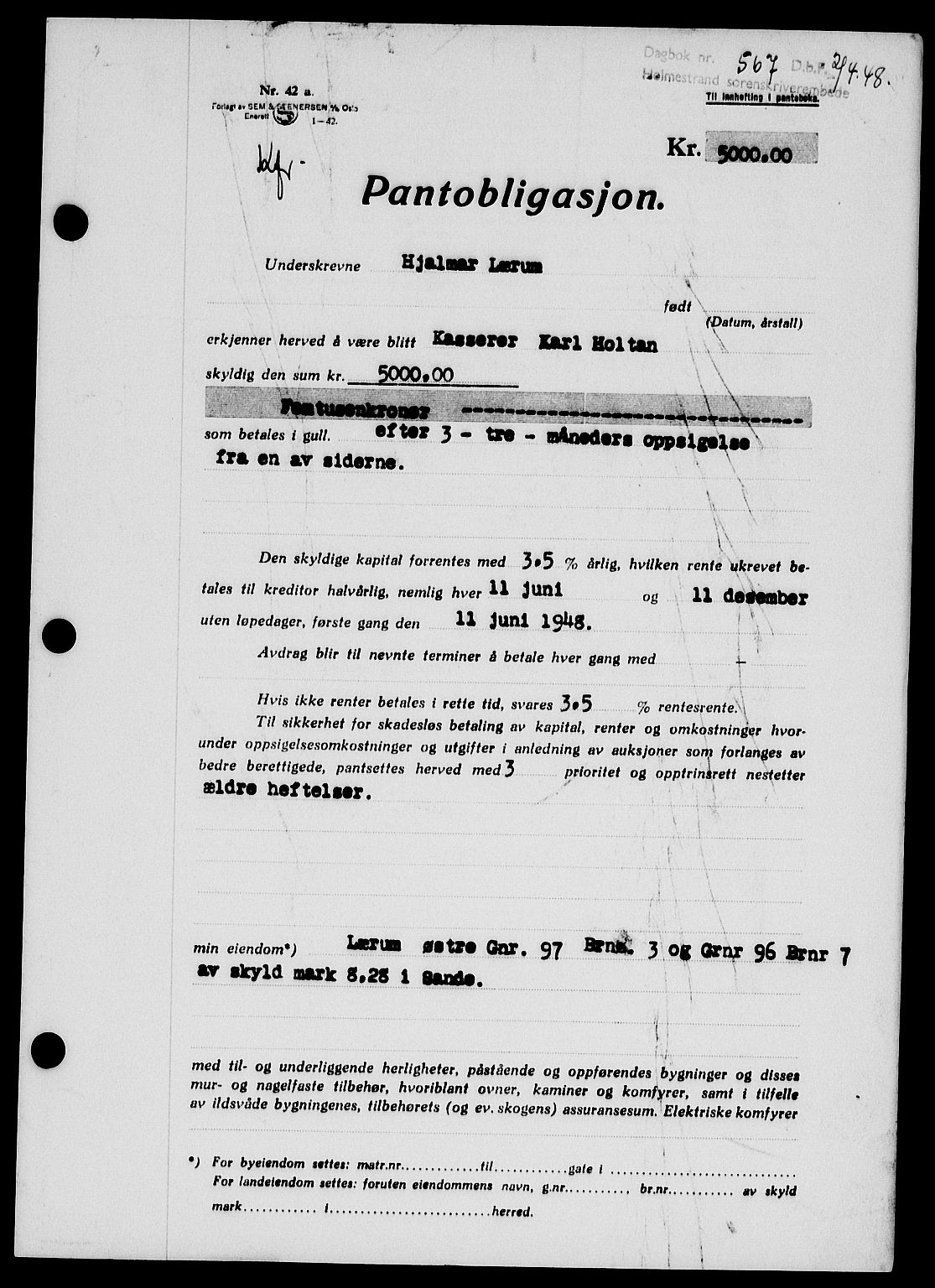 Holmestrand sorenskriveri, SAKO/A-67/G/Ga/Gab/L0058: Pantebok nr. B-58, 1947-1948, Dagboknr: 567/1948