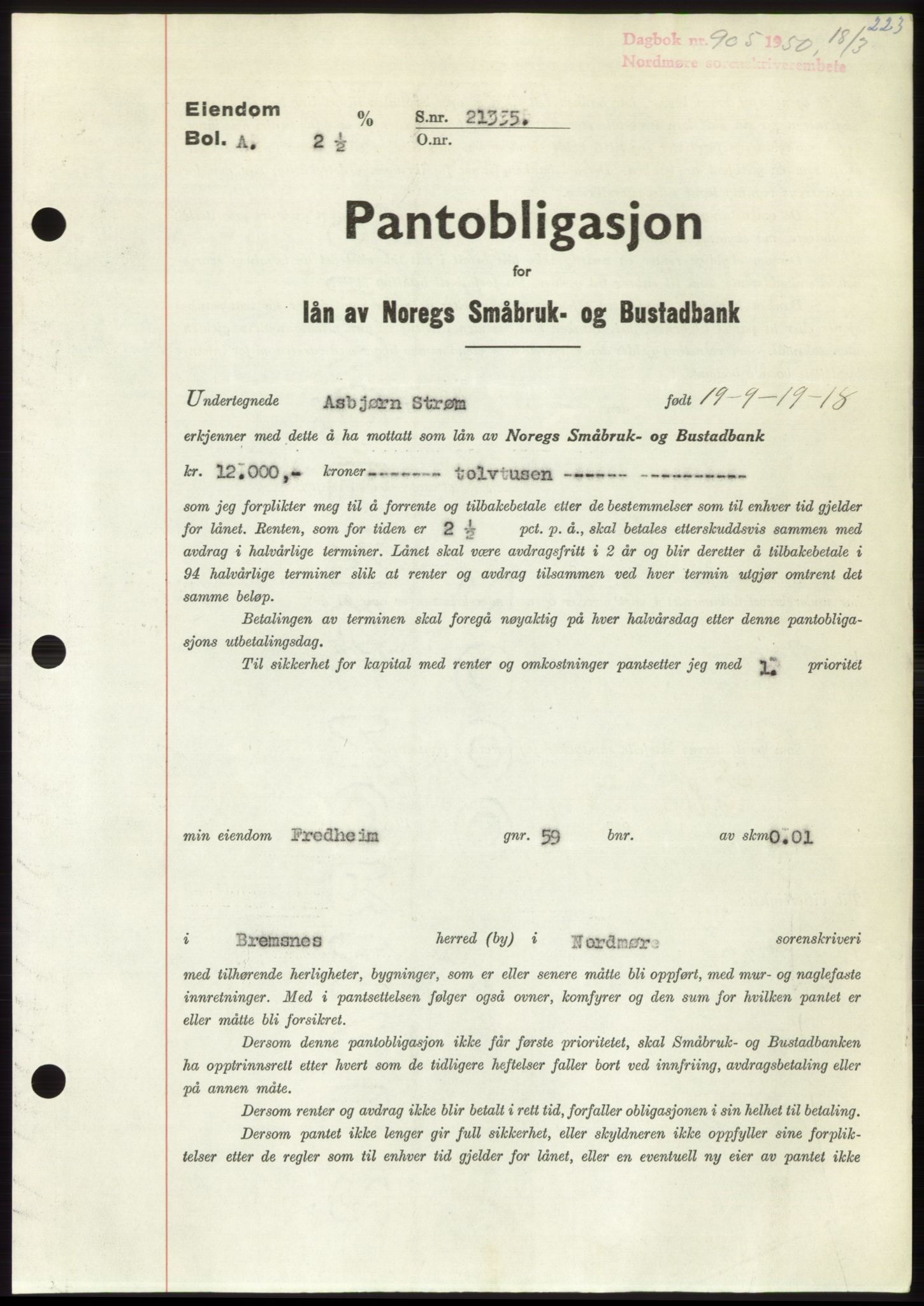 Nordmøre sorenskriveri, SAT/A-4132/1/2/2Ca: Pantebok nr. B104, 1950-1950, Dagboknr: 905/1950