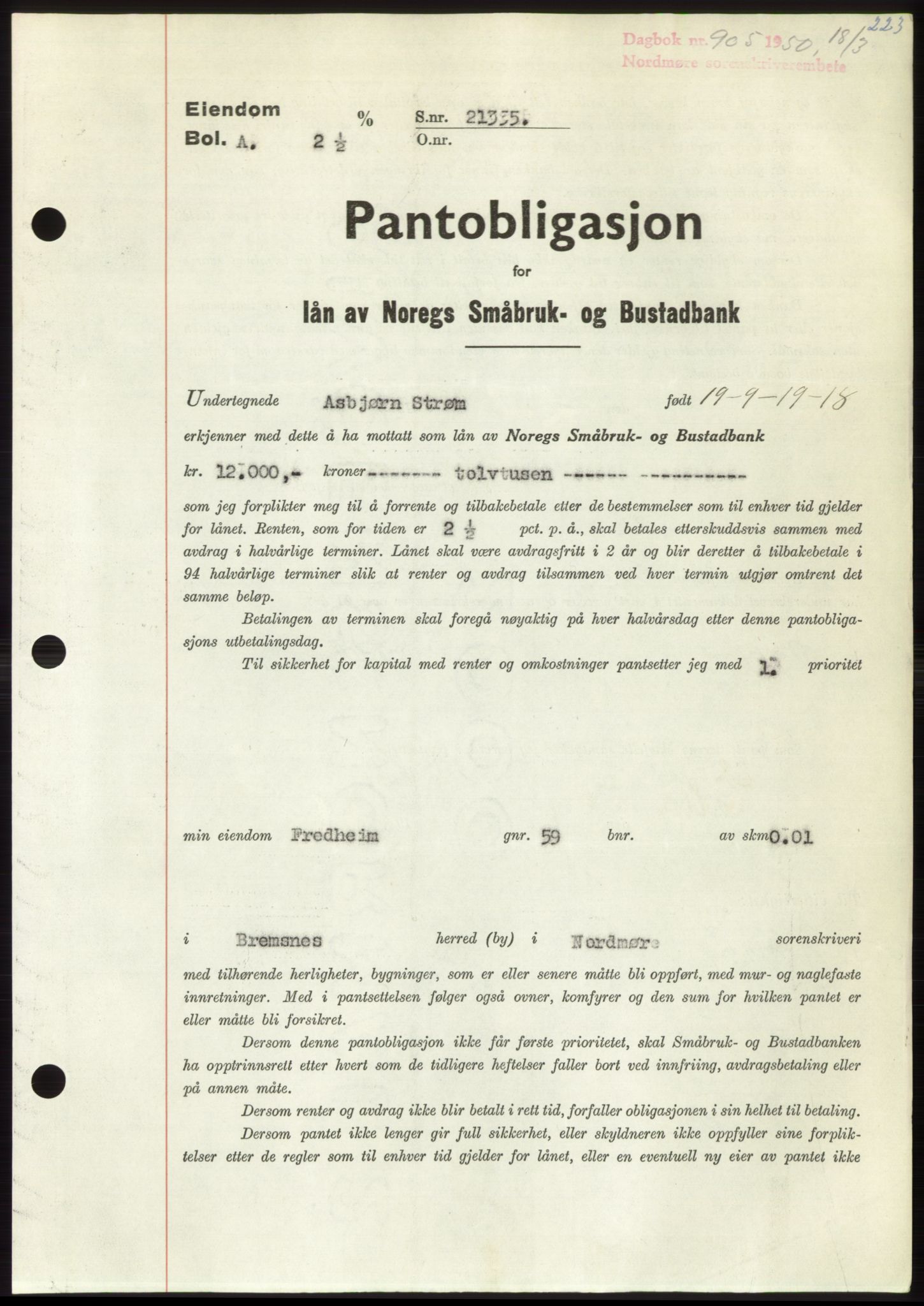 Nordmøre sorenskriveri, AV/SAT-A-4132/1/2/2Ca: Pantebok nr. B104, 1950-1950, Dagboknr: 905/1950