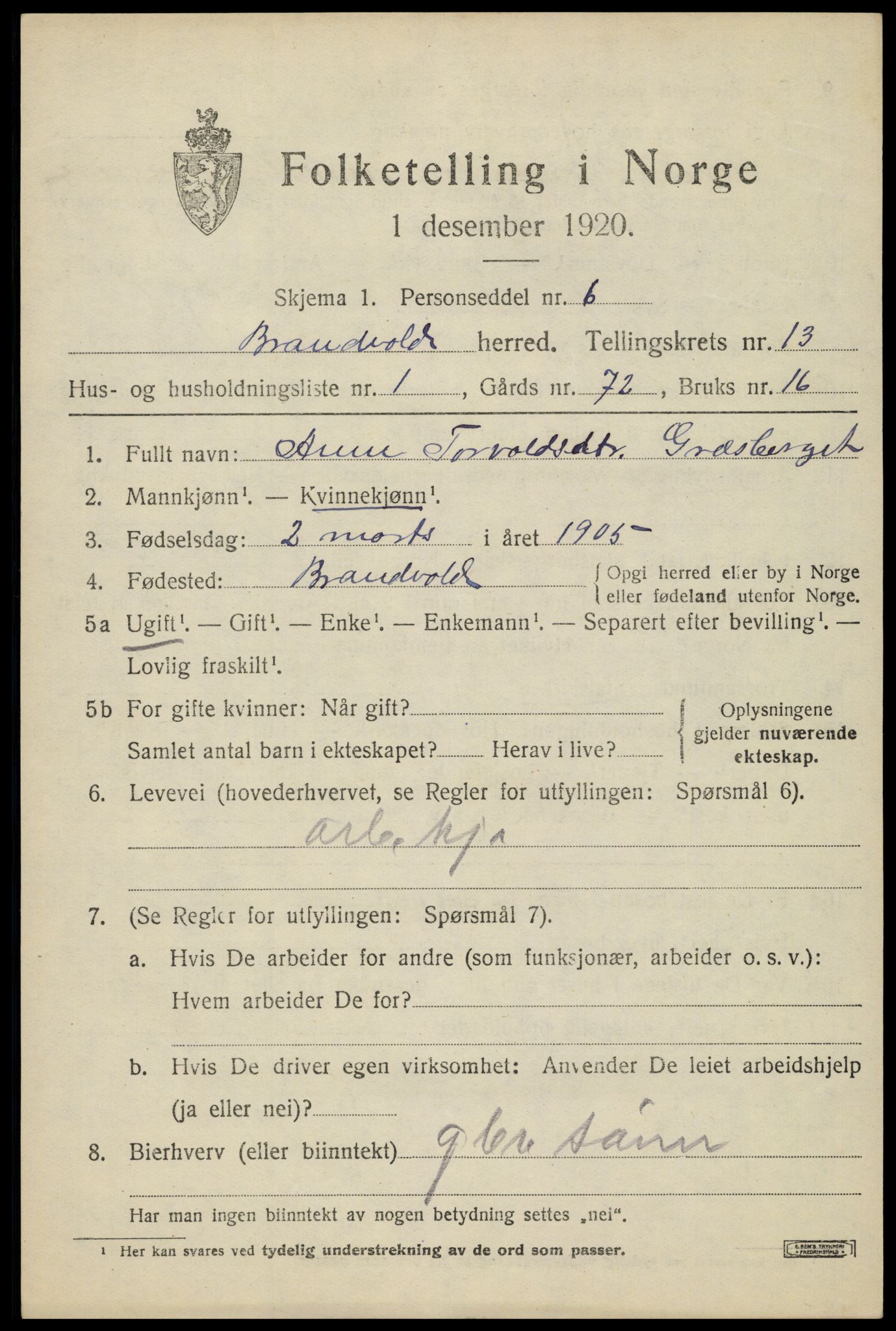 SAH, Folketelling 1920 for 0422 Brandval herred, 1920, s. 9148