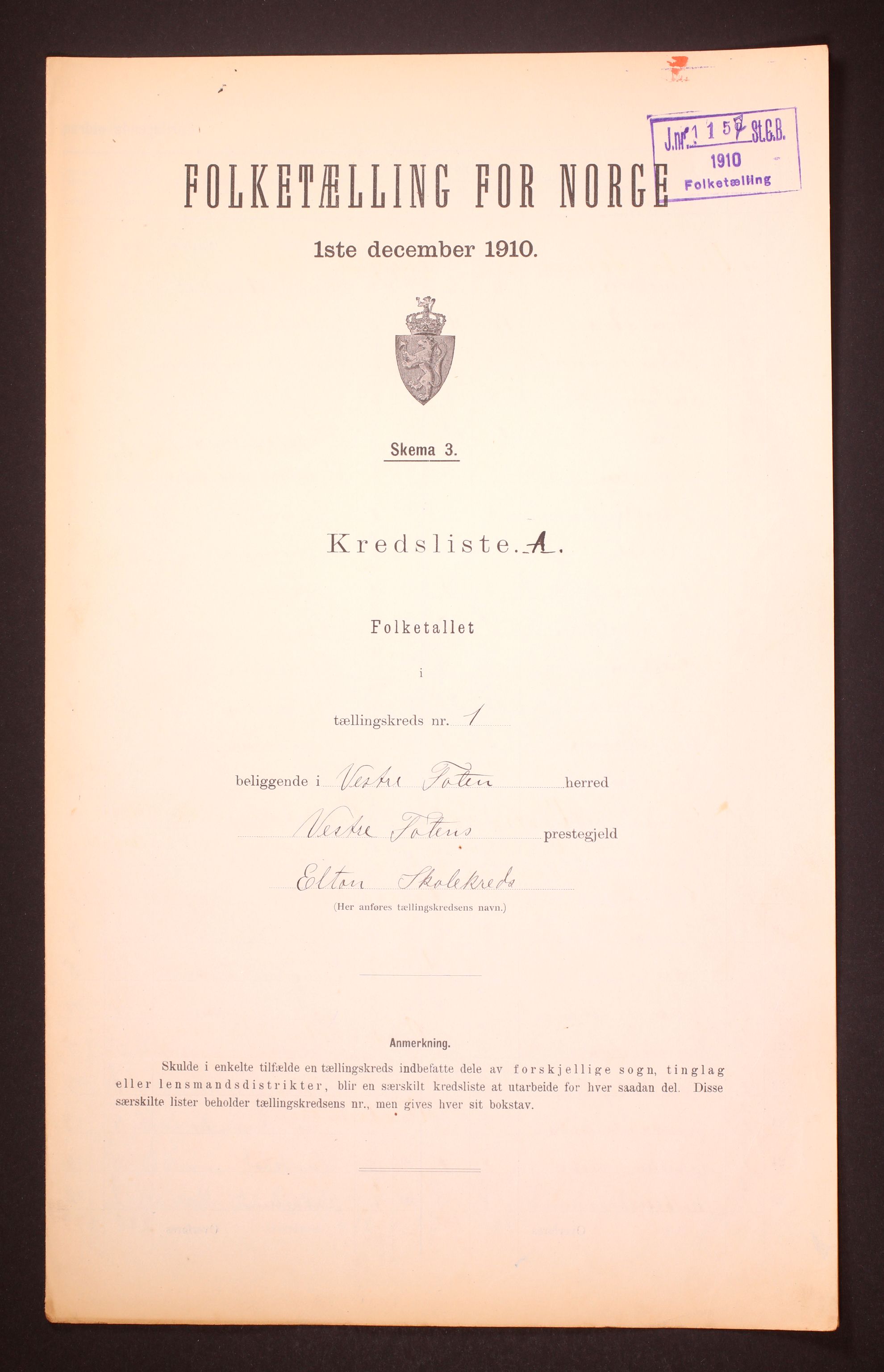 RA, Folketelling 1910 for 0529 Vestre Toten herred, 1910, s. 4