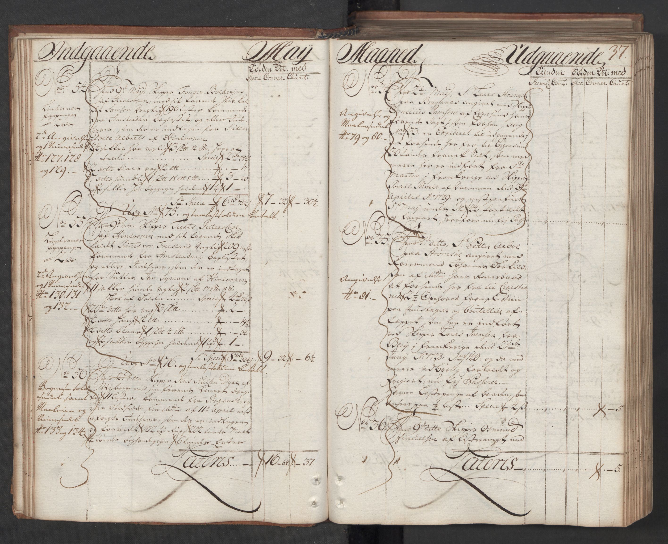 Generaltollkammeret, tollregnskaper, AV/RA-EA-5490/R08/L0009/0001: Tollregnskaper Drammen / Hovedtollbok, 1731, s. 36b-37a