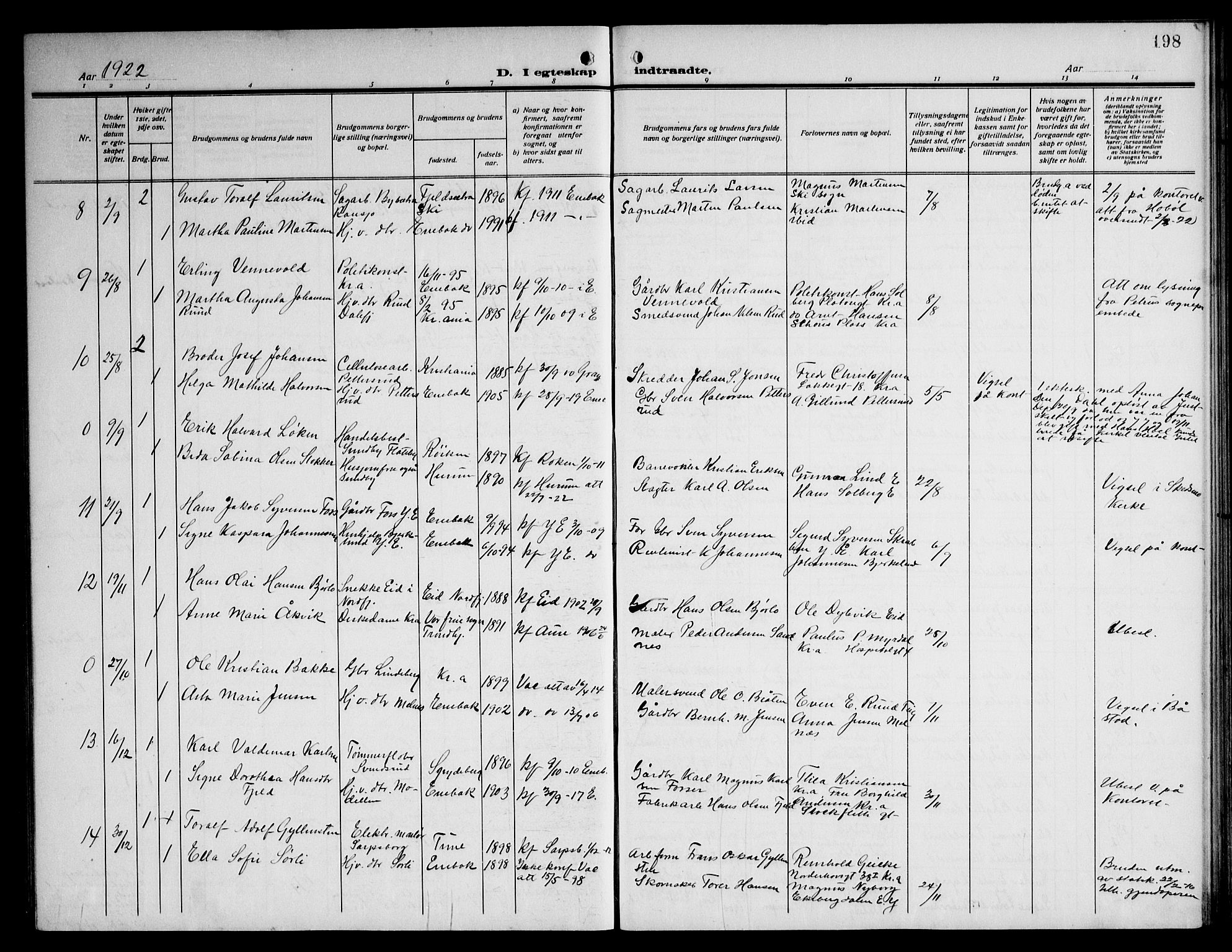 Enebakk prestekontor Kirkebøker, AV/SAO-A-10171c/G/Ga/L0007: Klokkerbok nr. I 7, 1911-1949, s. 198