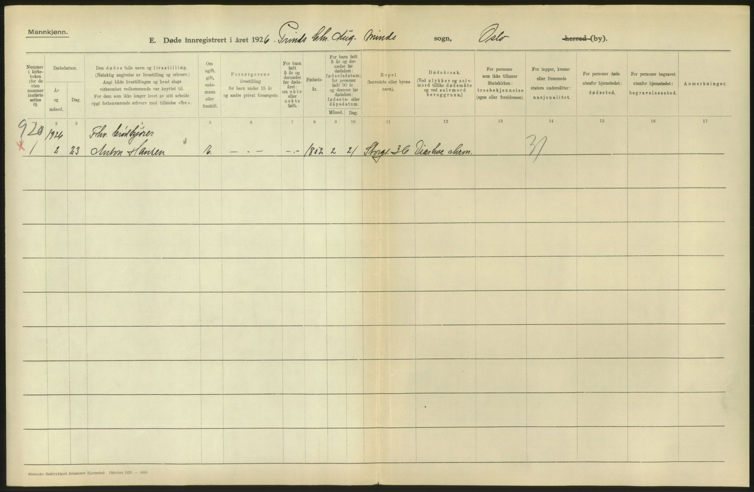 Statistisk sentralbyrå, Sosiodemografiske emner, Befolkning, AV/RA-S-2228/D/Df/Dfc/Dfcf/L0009: Oslo: Døde menn, 1926, s. 594