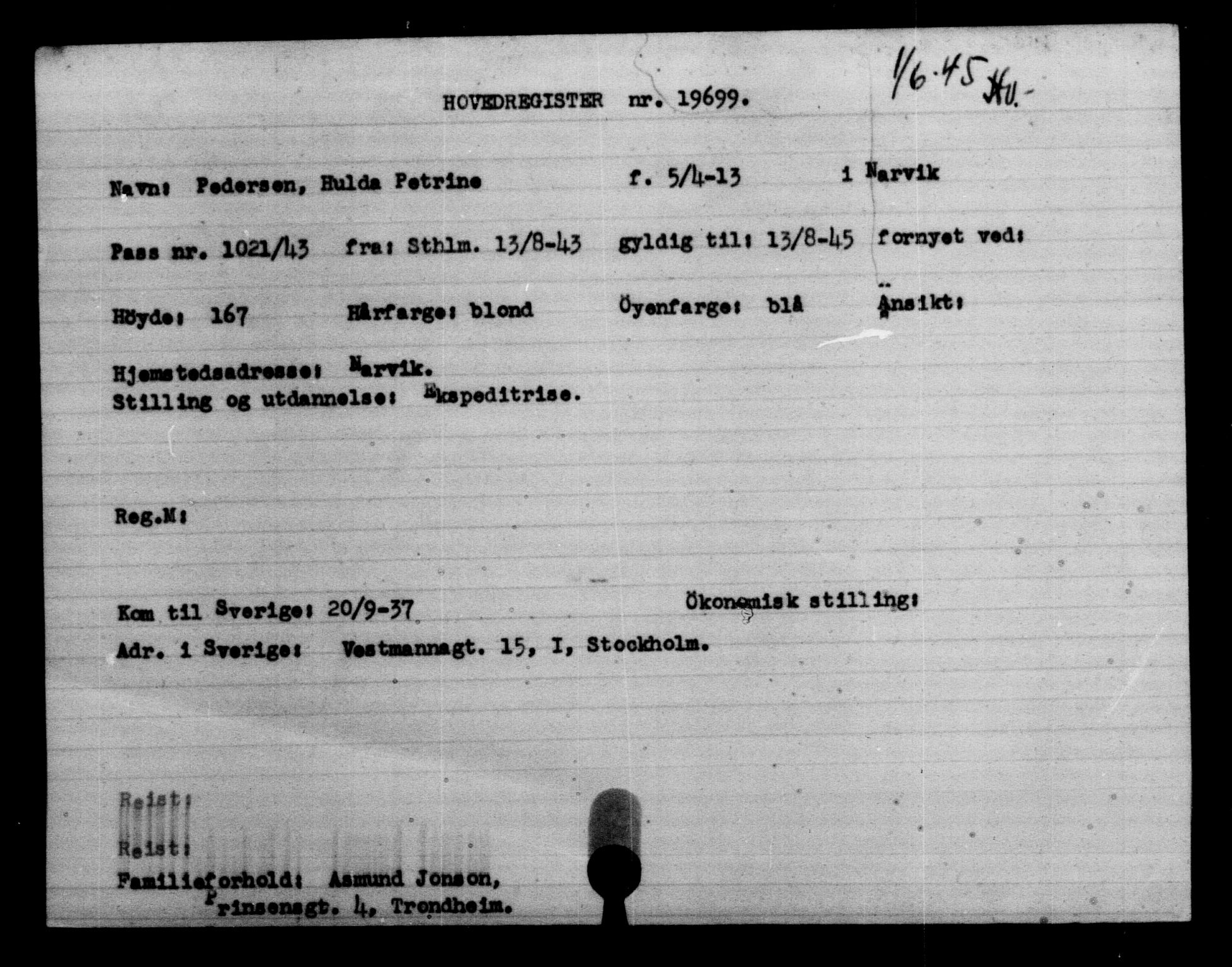 Utenriksstasjonene, Legasjonen i Stockholm, Flyktningkontoret, AV/RA-S-6753/V/Va/L0009: Kjesäterkartoteket, flyktninger med registreringsnr. 18502-22048, 1940-1945, s. 1354