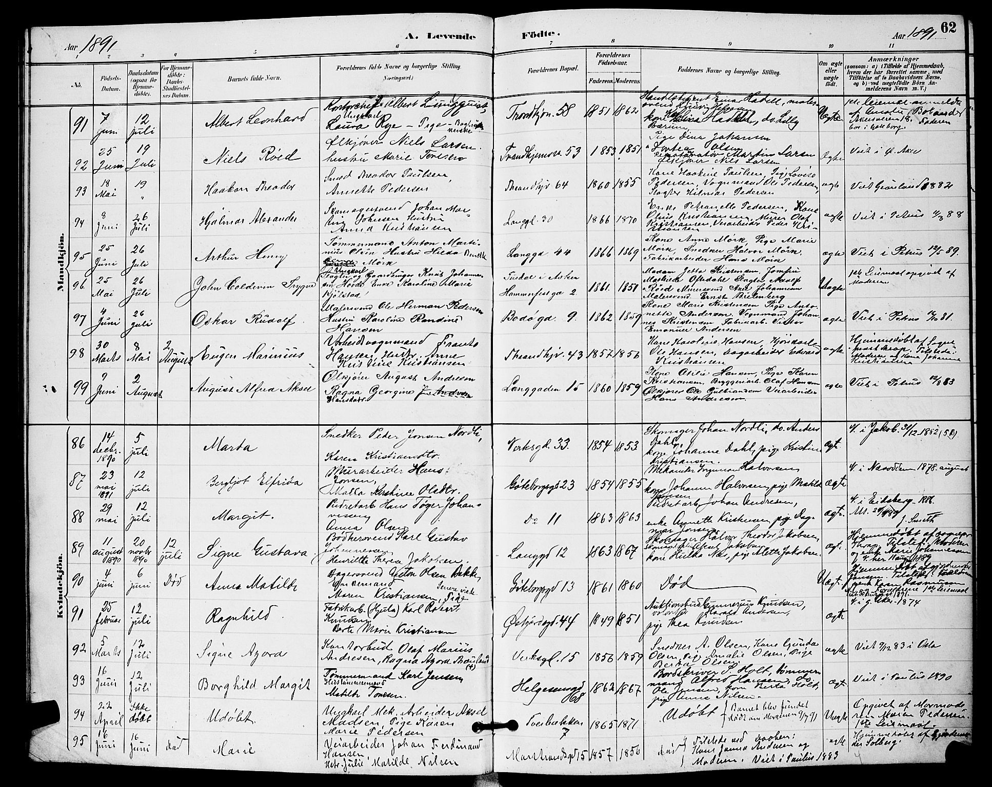 Petrus prestekontor Kirkebøker, AV/SAO-A-10872/G/Ga/L0002: Klokkerbok nr. 2, 1888-1899, s. 62