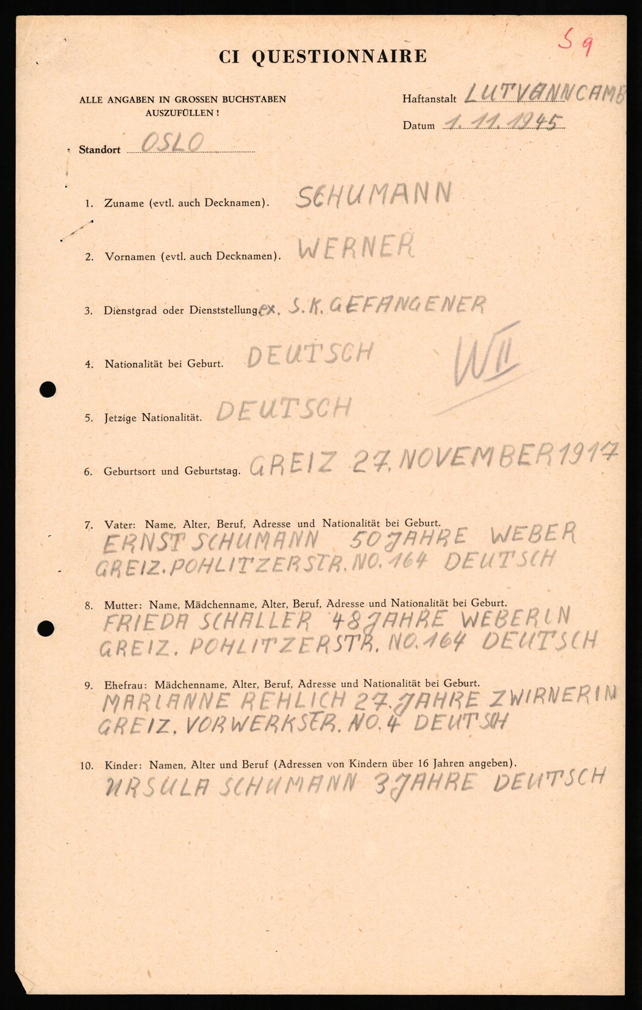Forsvaret, Forsvarets overkommando II, AV/RA-RAFA-3915/D/Db/L0030: CI Questionaires. Tyske okkupasjonsstyrker i Norge. Tyskere., 1945-1946, s. 489