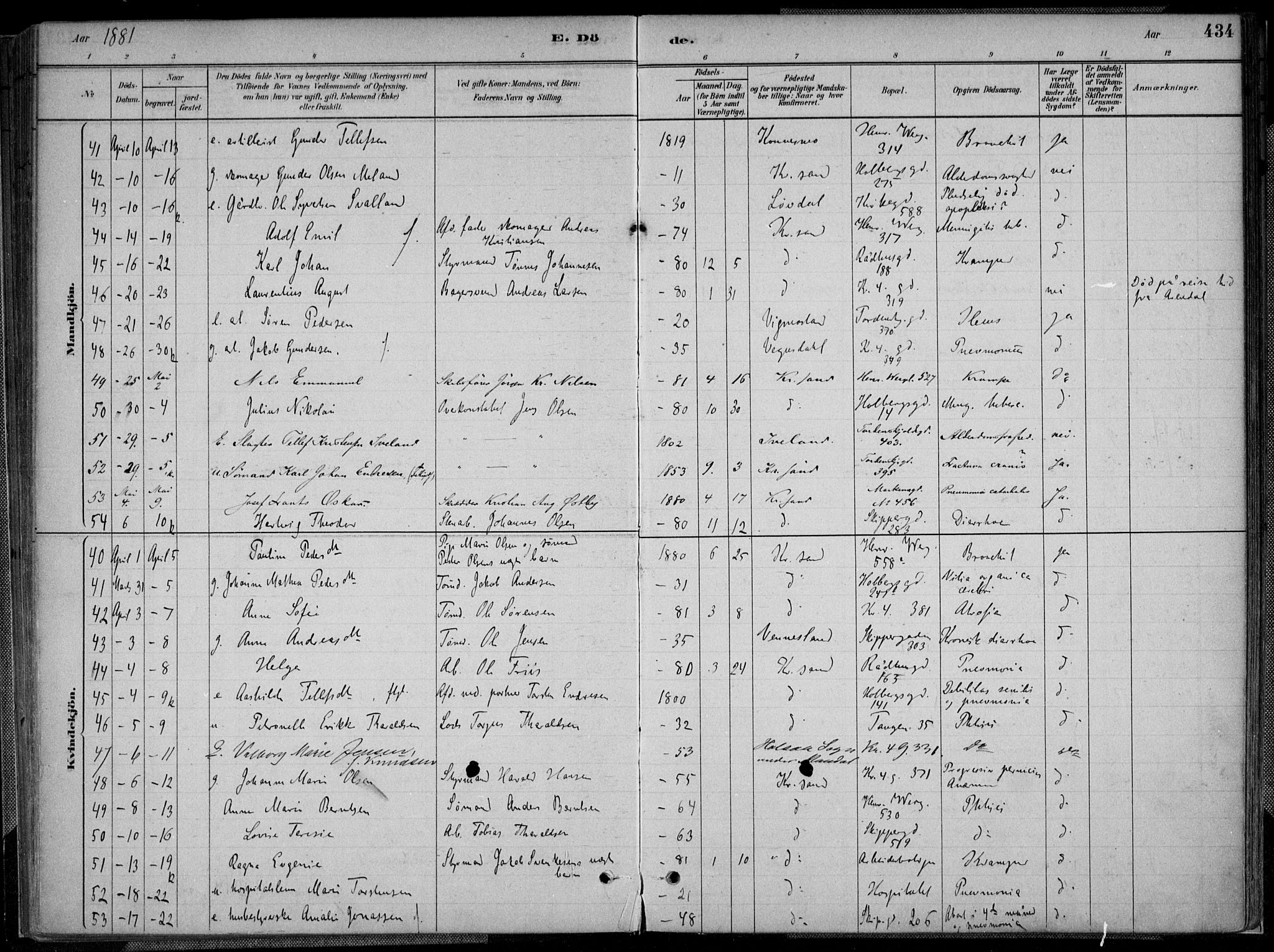 Kristiansand domprosti, AV/SAK-1112-0006/F/Fa/L0017: Ministerialbok nr. A 16B, 1880-1890, s. 434