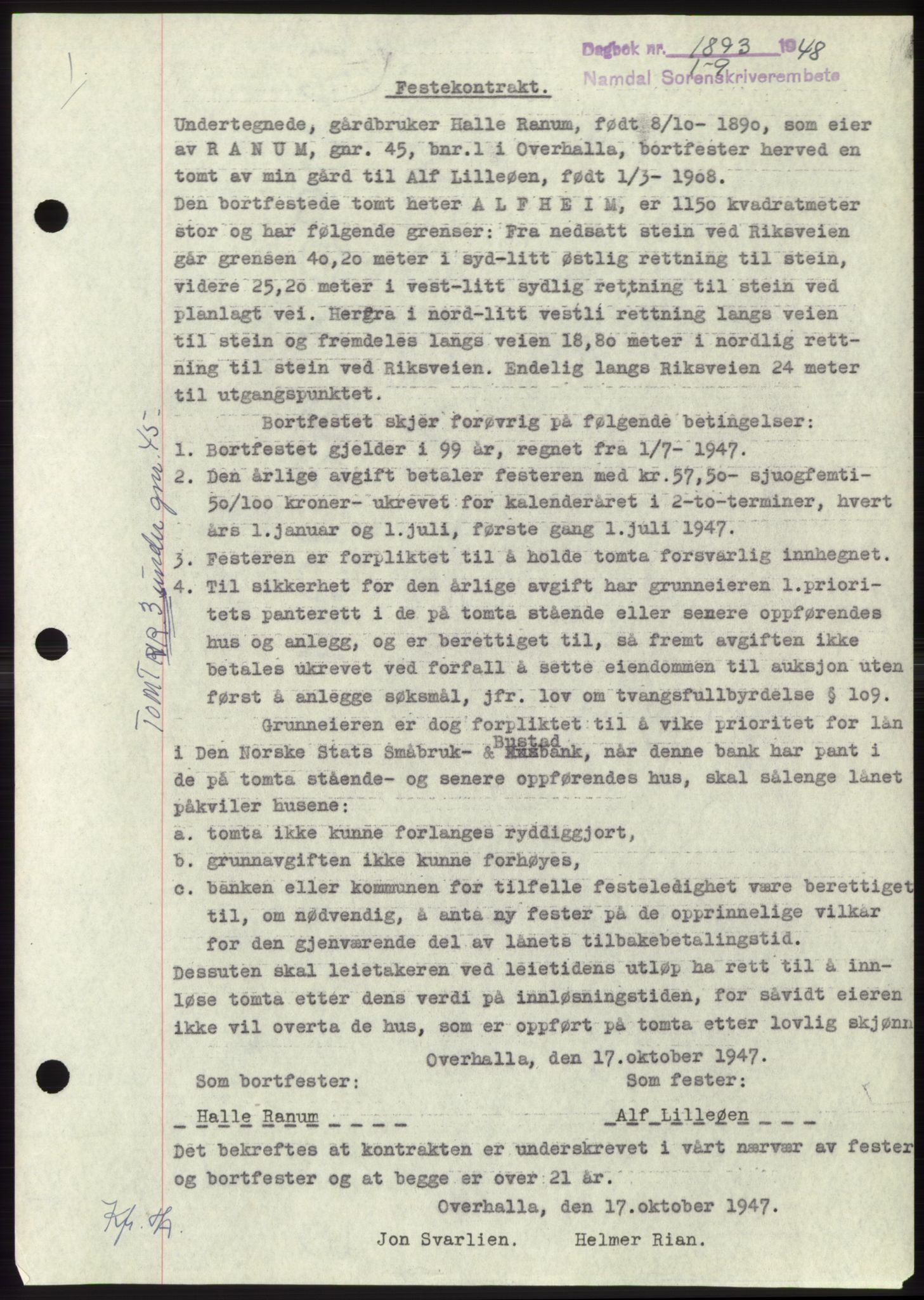 Namdal sorenskriveri, SAT/A-4133/1/2/2C: Pantebok nr. -, 1948-1948, Dagboknr: 1893/1948