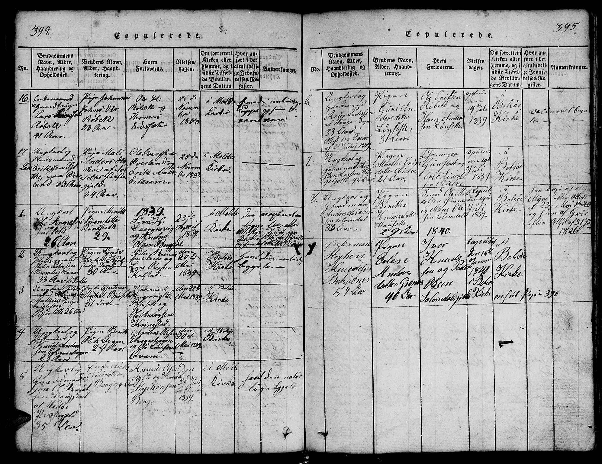 Ministerialprotokoller, klokkerbøker og fødselsregistre - Møre og Romsdal, SAT/A-1454/555/L0665: Klokkerbok nr. 555C01, 1818-1868, s. 394-395