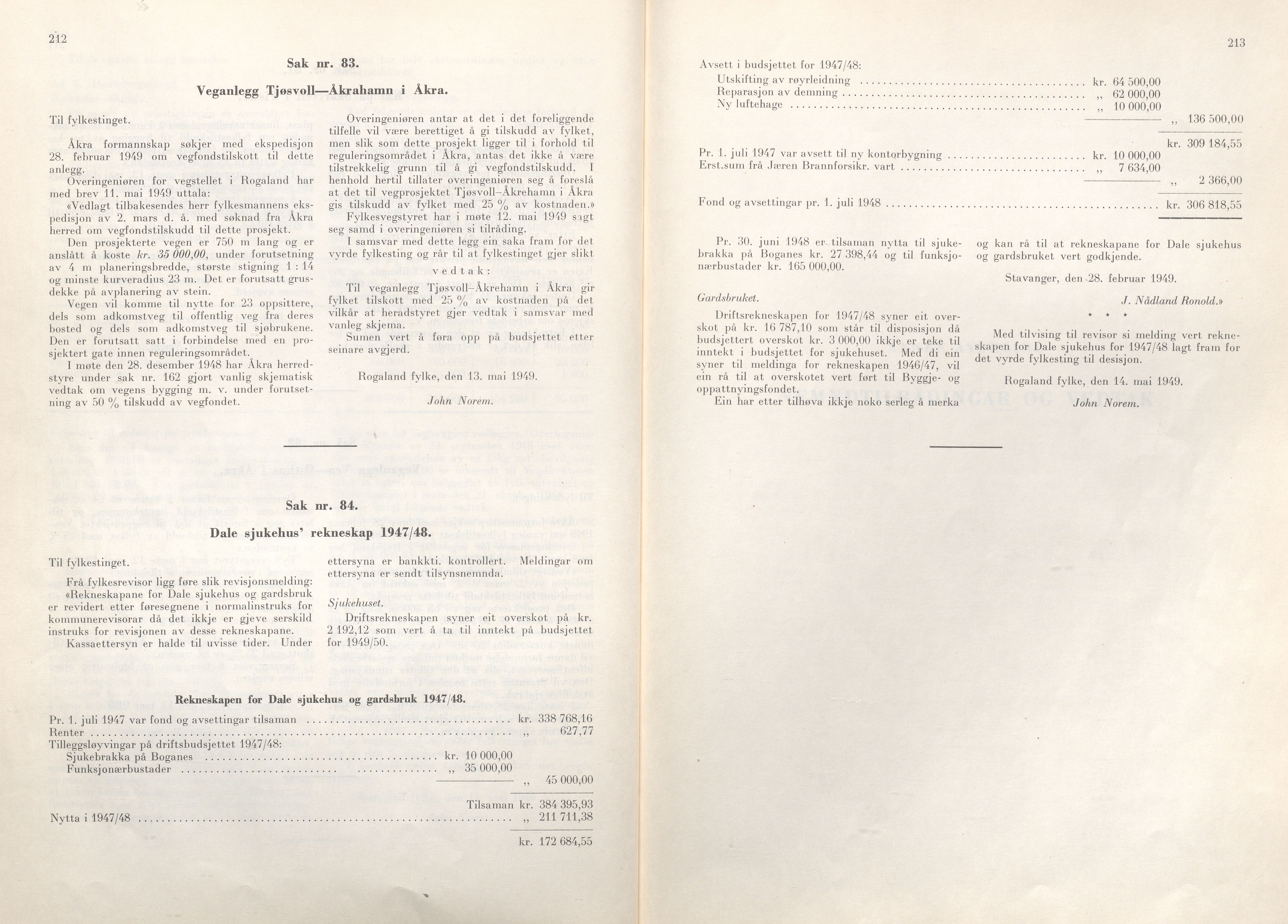 Rogaland fylkeskommune - Fylkesrådmannen , IKAR/A-900/A/Aa/Aaa/L0068: Møtebok , 1949, s. 212-213