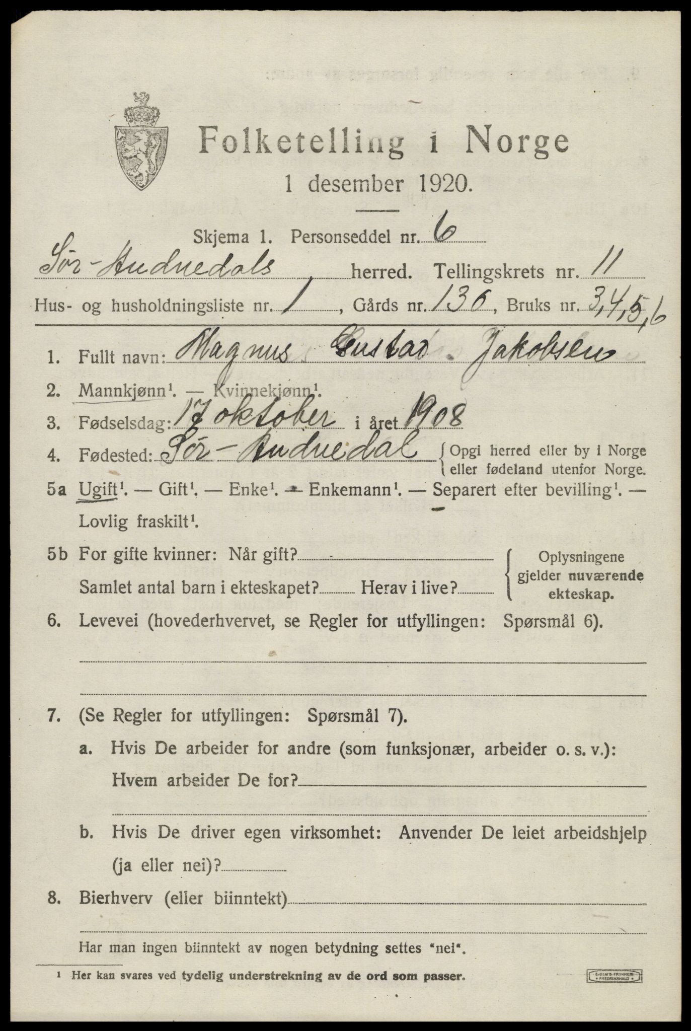 SAK, Folketelling 1920 for 1029 Sør-Audnedal herred, 1920, s. 4253