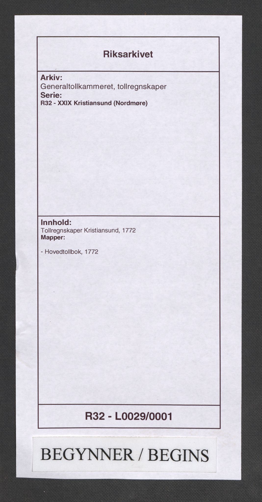 Generaltollkammeret, tollregnskaper, RA/EA-5490/R32/L0029/0001: Tollregnskaper Kristiansund / Hovedtollbok, 1772