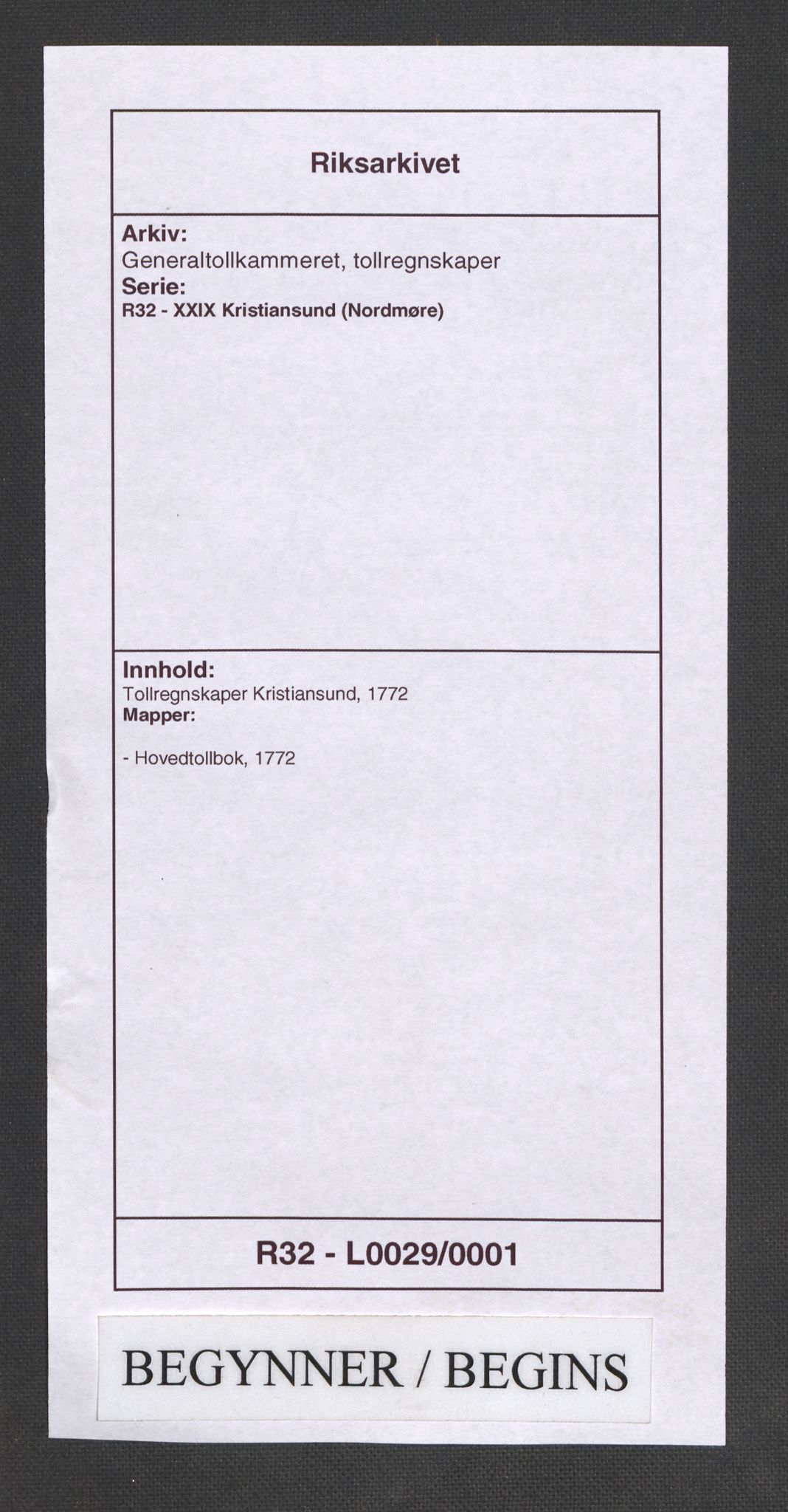 Generaltollkammeret, tollregnskaper, AV/RA-EA-5490/R32/L0029/0001: Tollregnskaper Kristiansund / Hovedtollbok, 1772