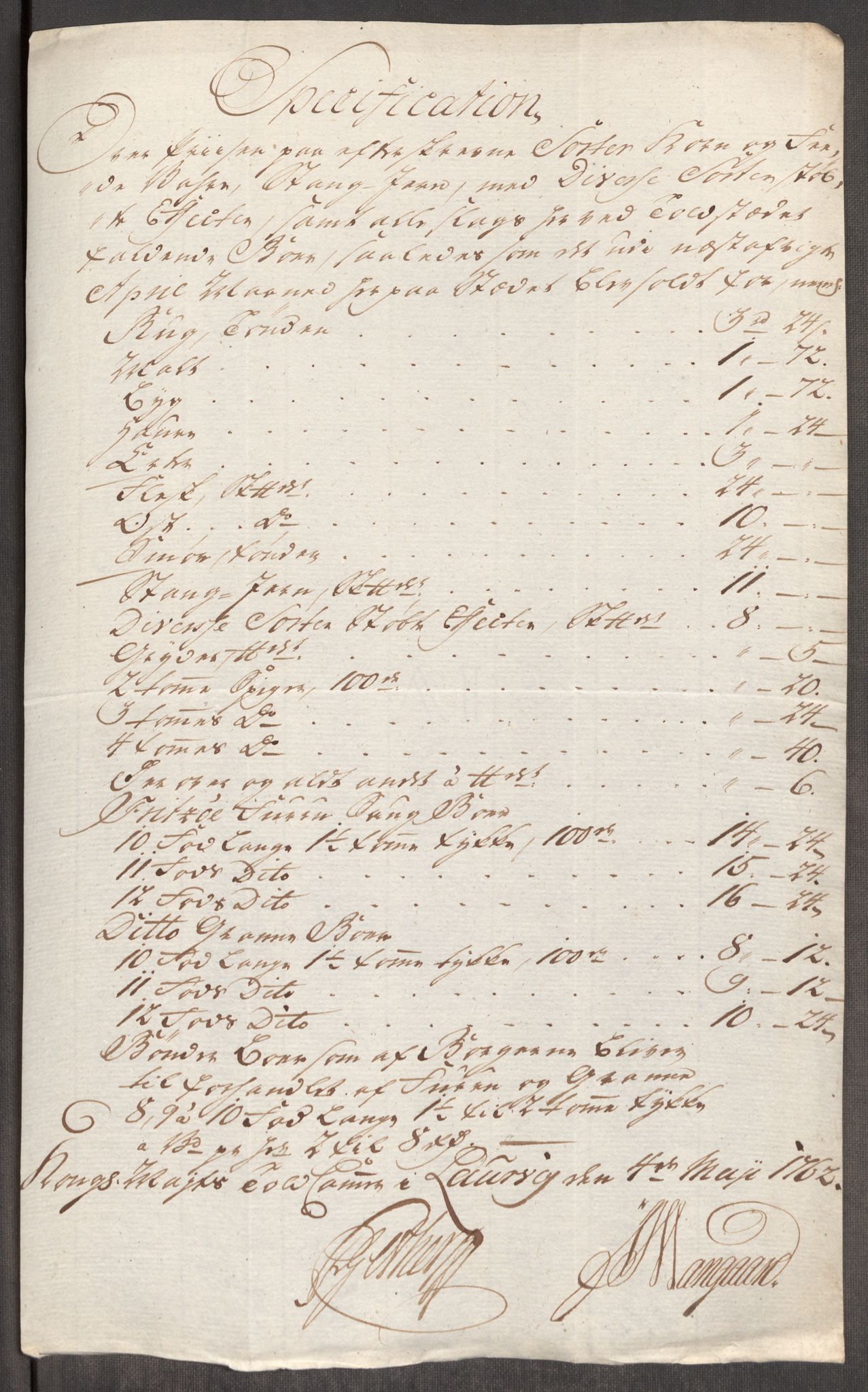 Rentekammeret inntil 1814, Realistisk ordnet avdeling, RA/EA-4070/Oe/L0007: [Ø1]: Priskuranter, 1761-1763, s. 424