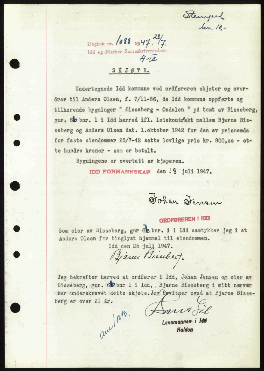 Idd og Marker sorenskriveri, SAO/A-10283/G/Gb/Gbb/L0009: Pantebok nr. A9, 1946-1947, Dagboknr: 1088/1947