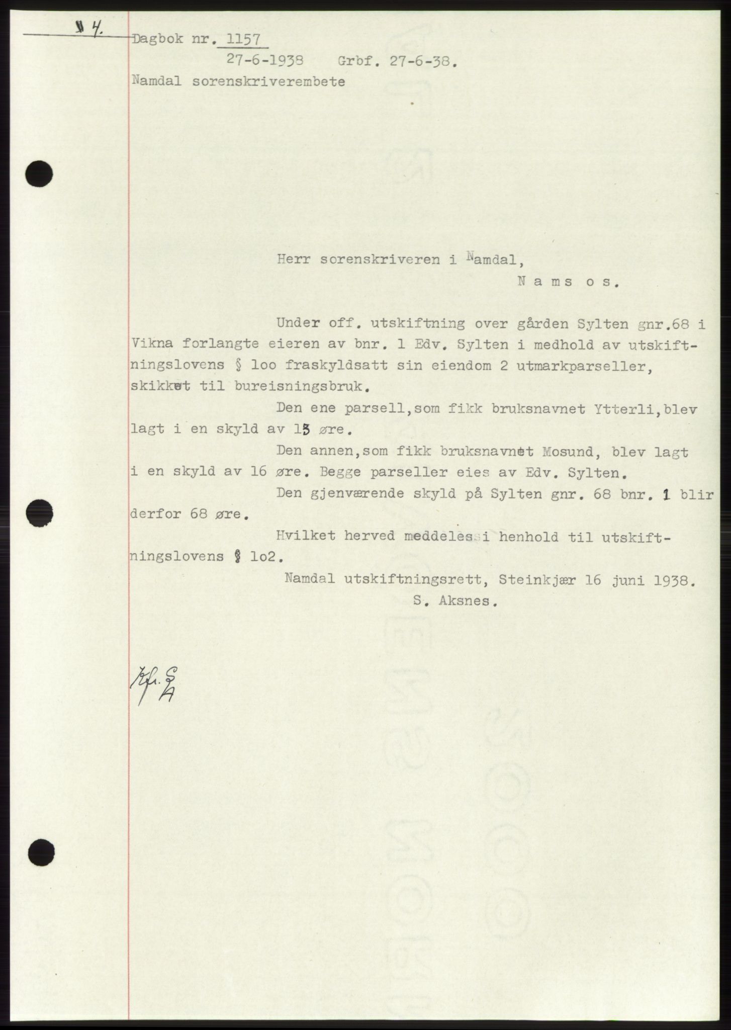Namdal sorenskriveri, SAT/A-4133/1/2/2C: Pantebok nr. -, 1937-1939, Tingl.dato: 27.06.1938