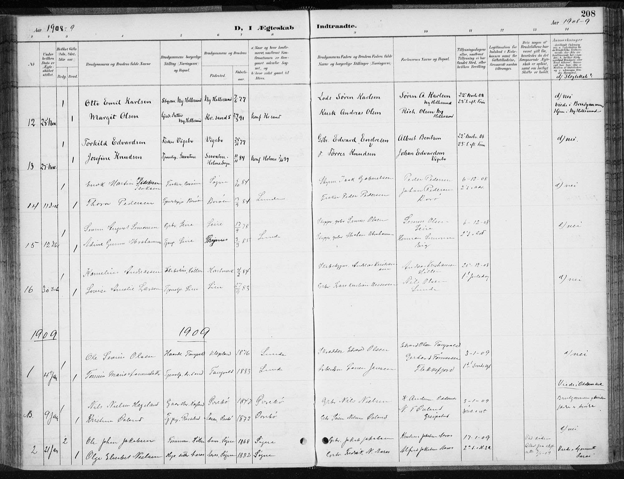 Søgne sokneprestkontor, SAK/1111-0037/F/Fa/Fab/L0013: Ministerialbok nr. A 13, 1892-1911, s. 208