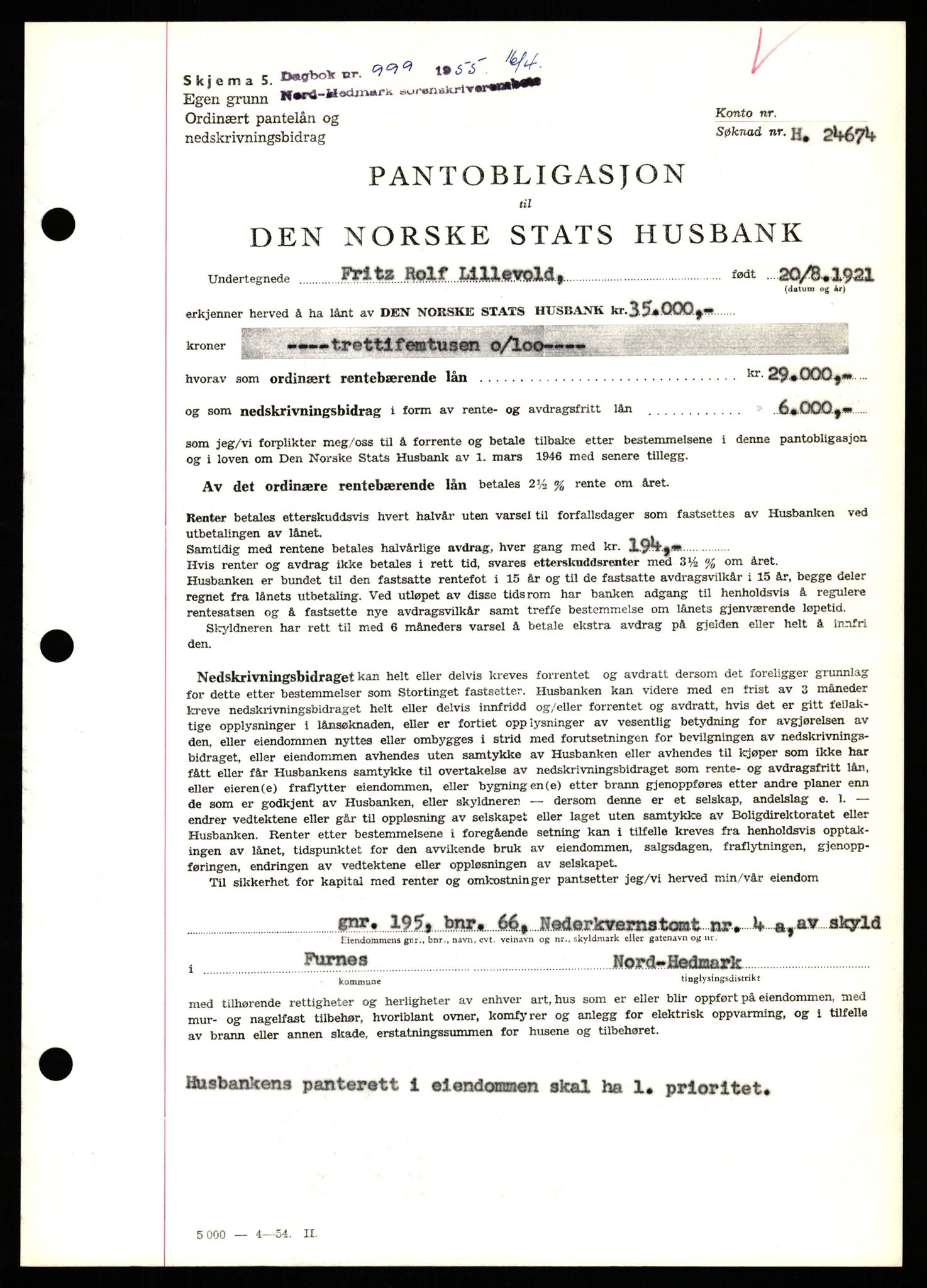 Nord-Hedmark sorenskriveri, SAH/TING-012/H/Hb/Hbf/L0032: Pantebok nr. B32, 1955-1955, Dagboknr: 999/1952