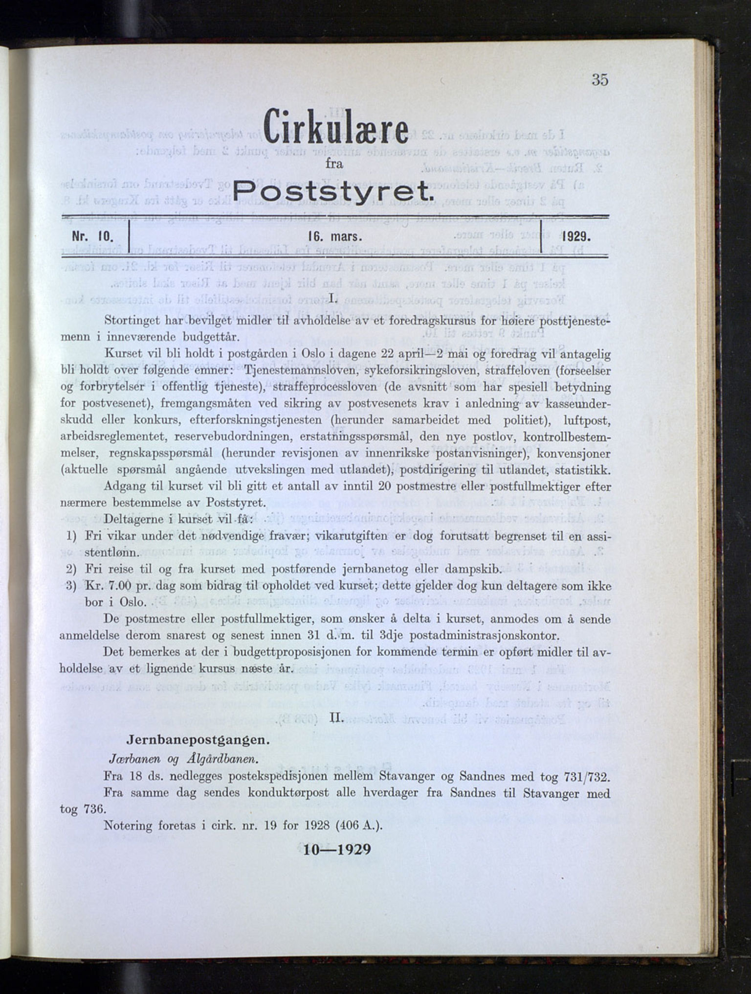 Norges Postmuseums bibliotek, NOPO/-/-/-: Sirkulærer fra Poststyret, 1929