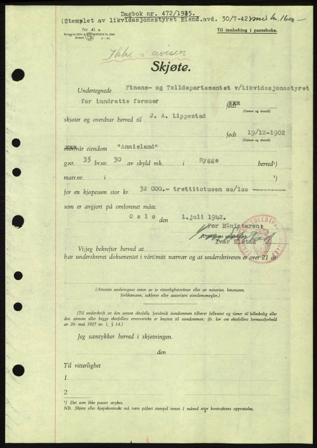 Moss sorenskriveri, SAO/A-10168: Pantebok nr. A13, 1944-1945, Dagboknr: 472/1945