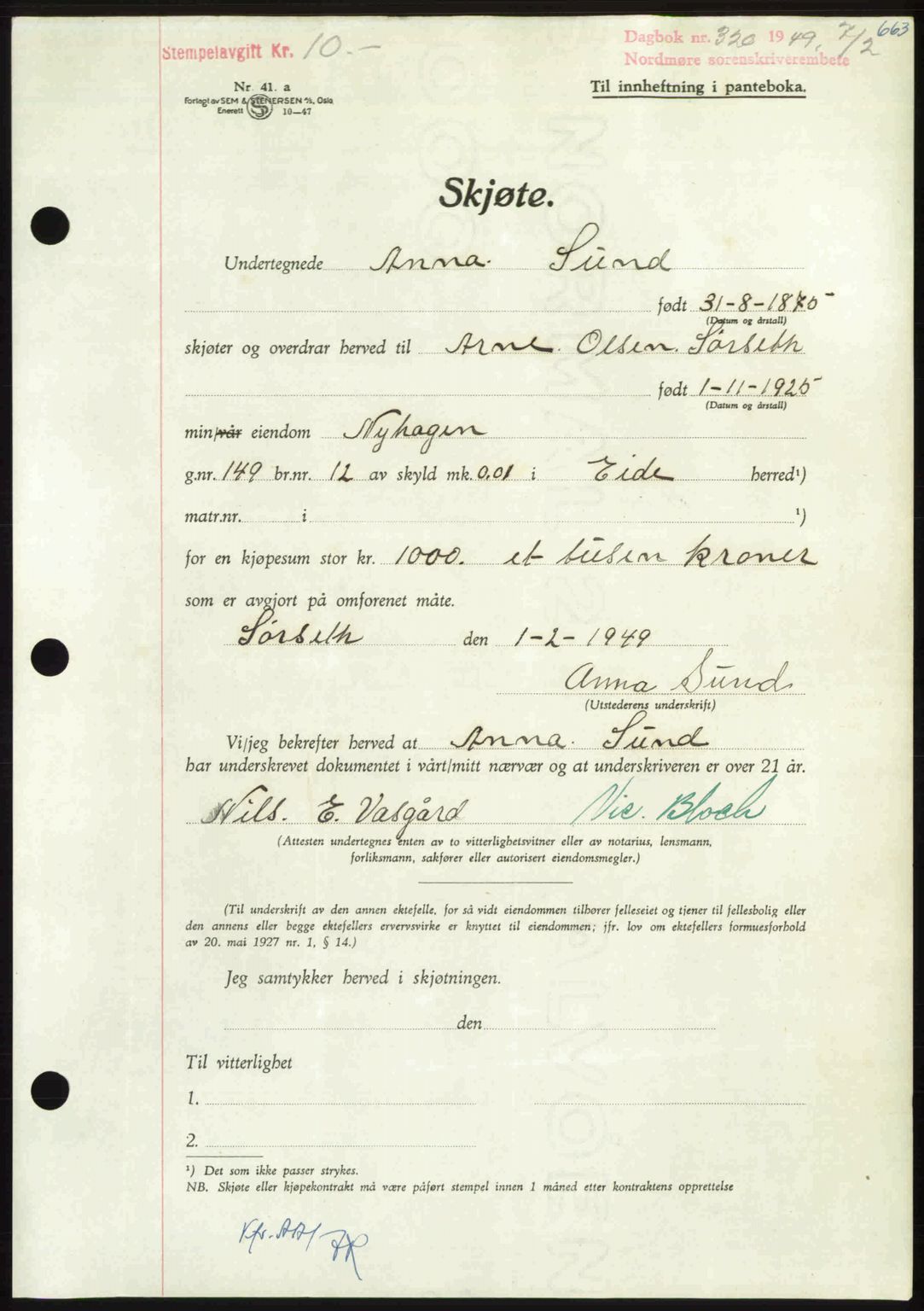 Nordmøre sorenskriveri, AV/SAT-A-4132/1/2/2Ca: Pantebok nr. A110, 1948-1949, Dagboknr: 320/1949