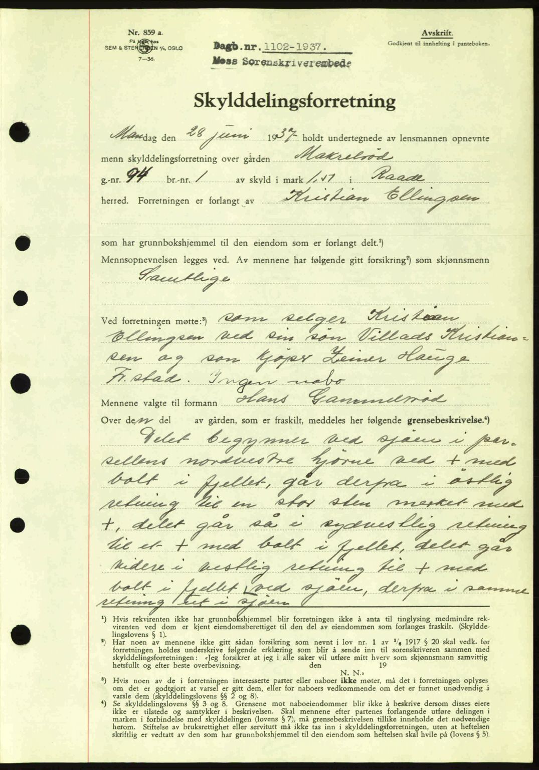 Moss sorenskriveri, SAO/A-10168: Pantebok nr. A3, 1937-1938, Dagboknr: 1102/1937