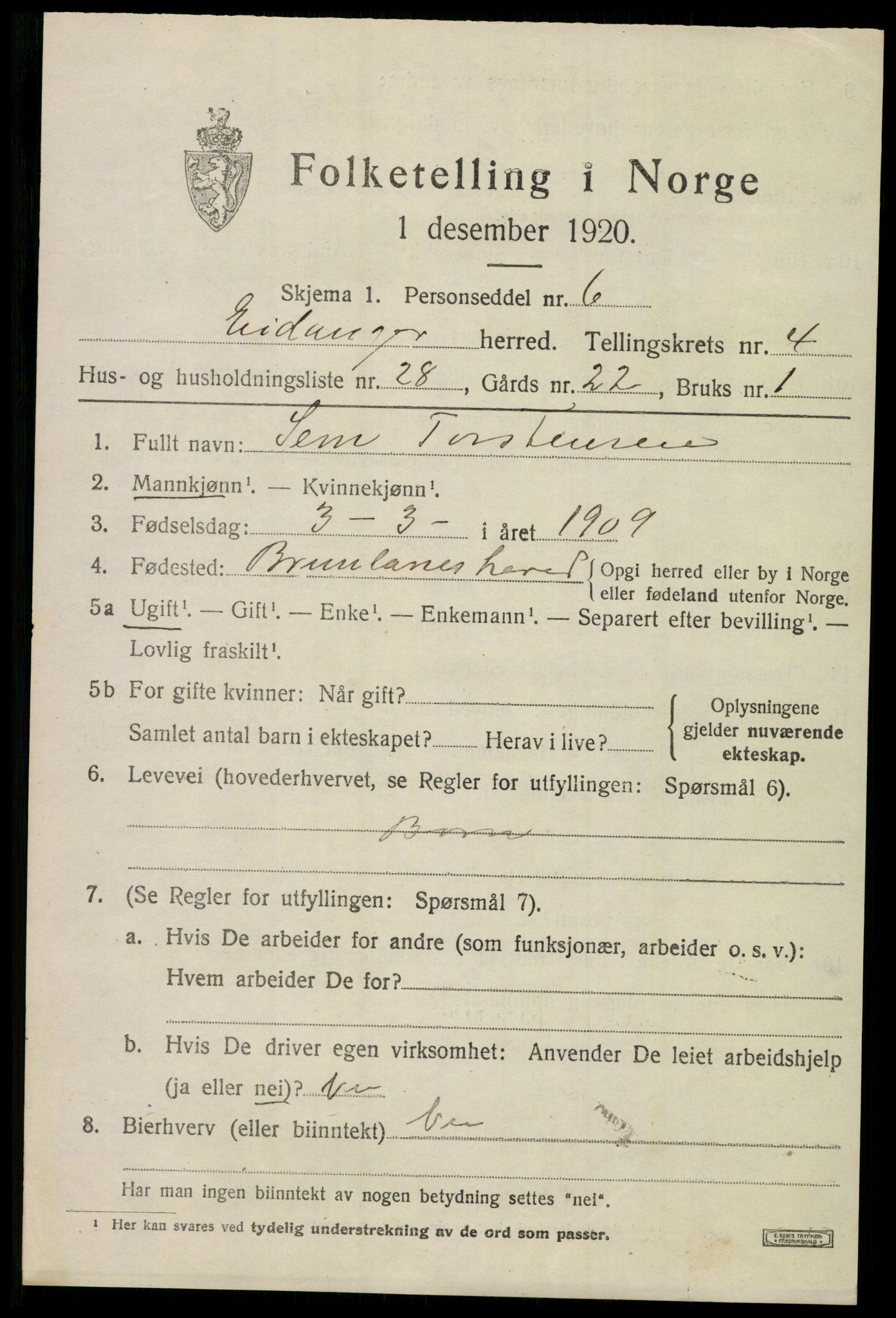 SAKO, Folketelling 1920 for 0813 Eidanger herred, 1920, s. 4096