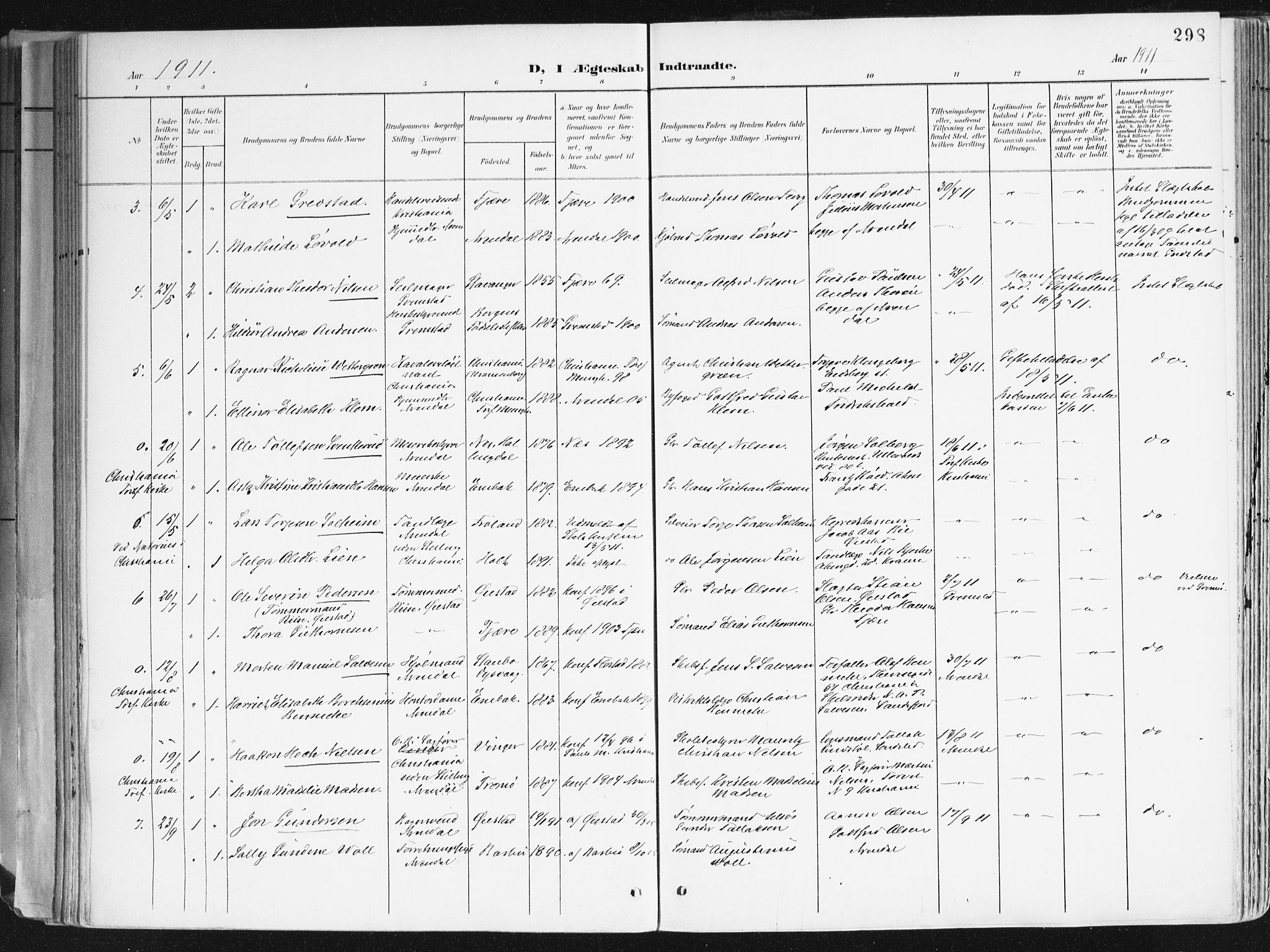 Arendal sokneprestkontor, Trefoldighet, AV/SAK-1111-0040/F/Fa/L0010: Ministerialbok nr. A 10, 1900-1919, s. 298