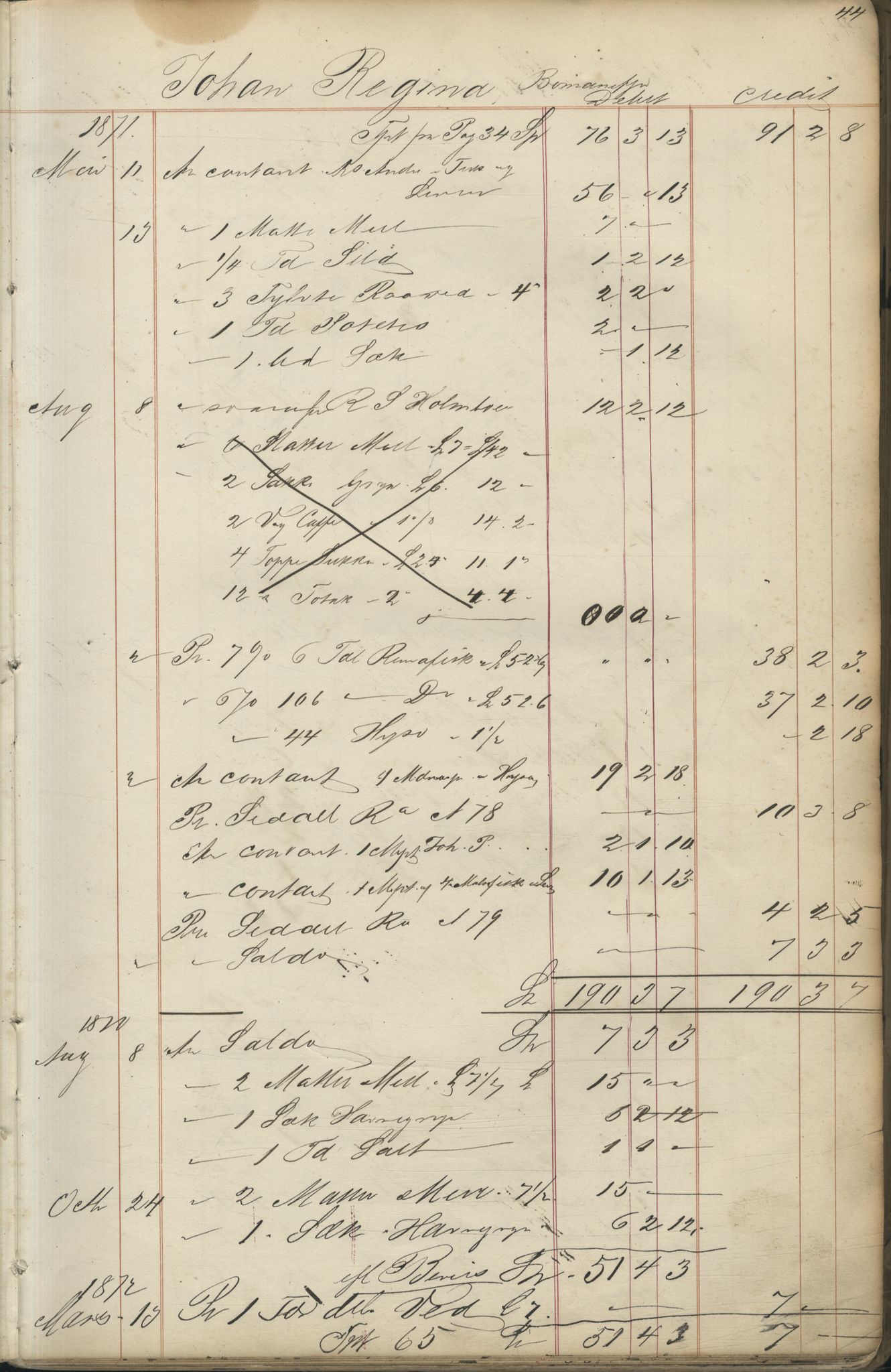 Brodtkorb handel A/S, VAMU/A-0001/F/Fc/L0001/0001: Konto for kvener og nordmenn på Kolahalvøya  / Conto for Kvæner og Nordmænd paa Russefinmarken No 1, 1868-1894, s. 44