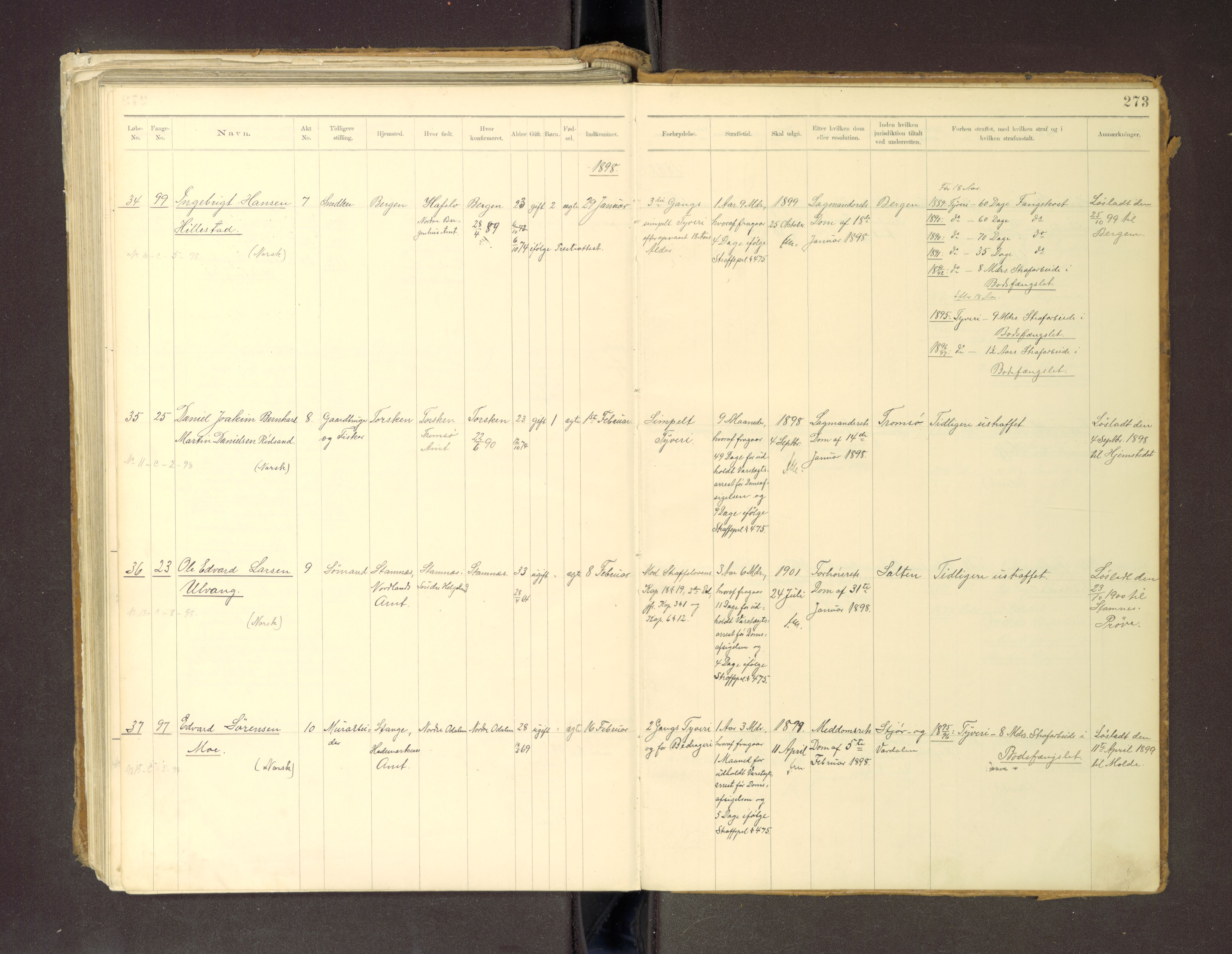 Trondheim tukthus, SAT/A-4619/05/65/L0036: 65.36 Fangeprotokoll m/reg, 1885-1898, s. 273