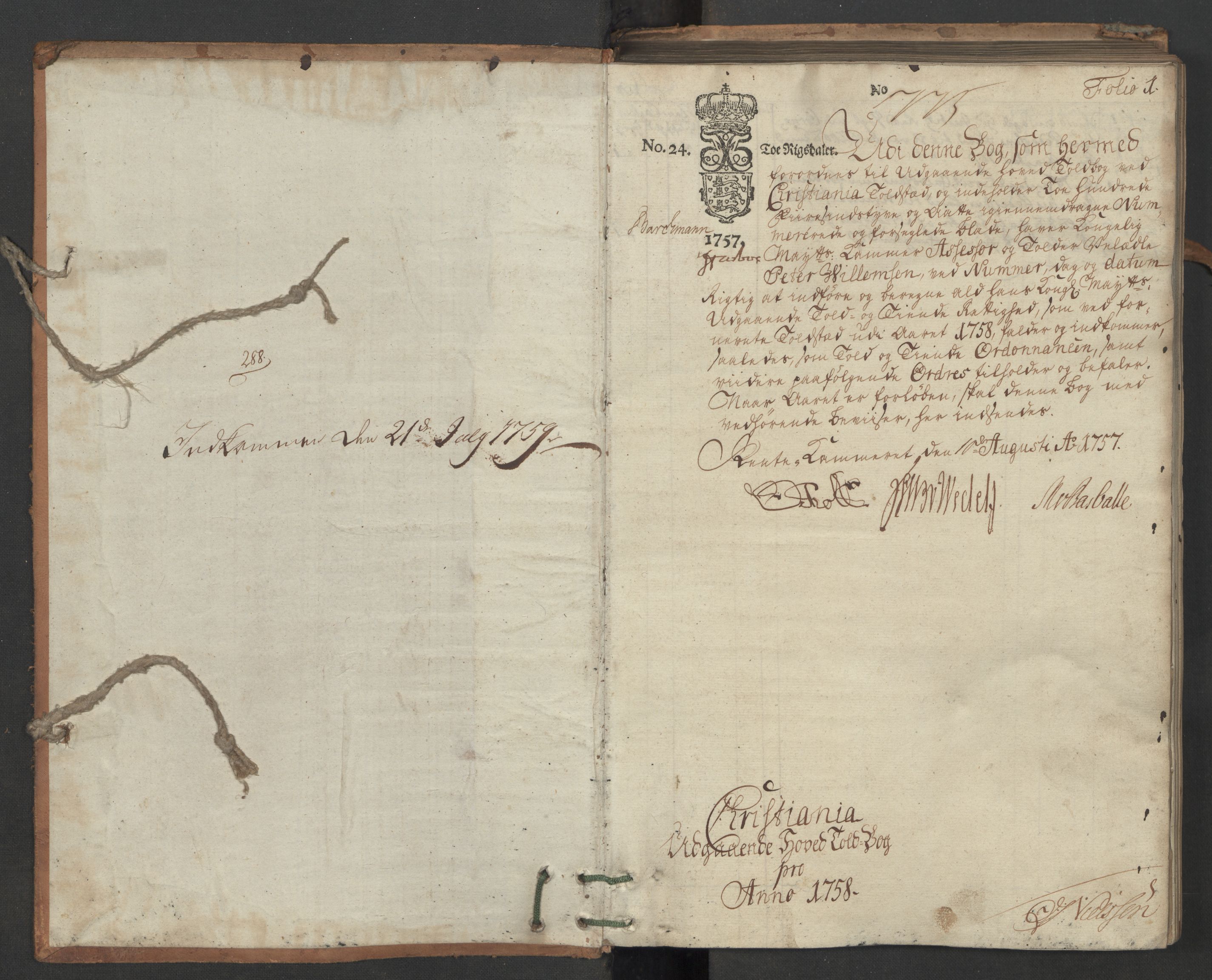 Generaltollkammeret, tollregnskaper, AV/RA-EA-5490/R06/L0047/0001: Tollregnskaper Kristiania / Utgående hovedtollbok, 1758