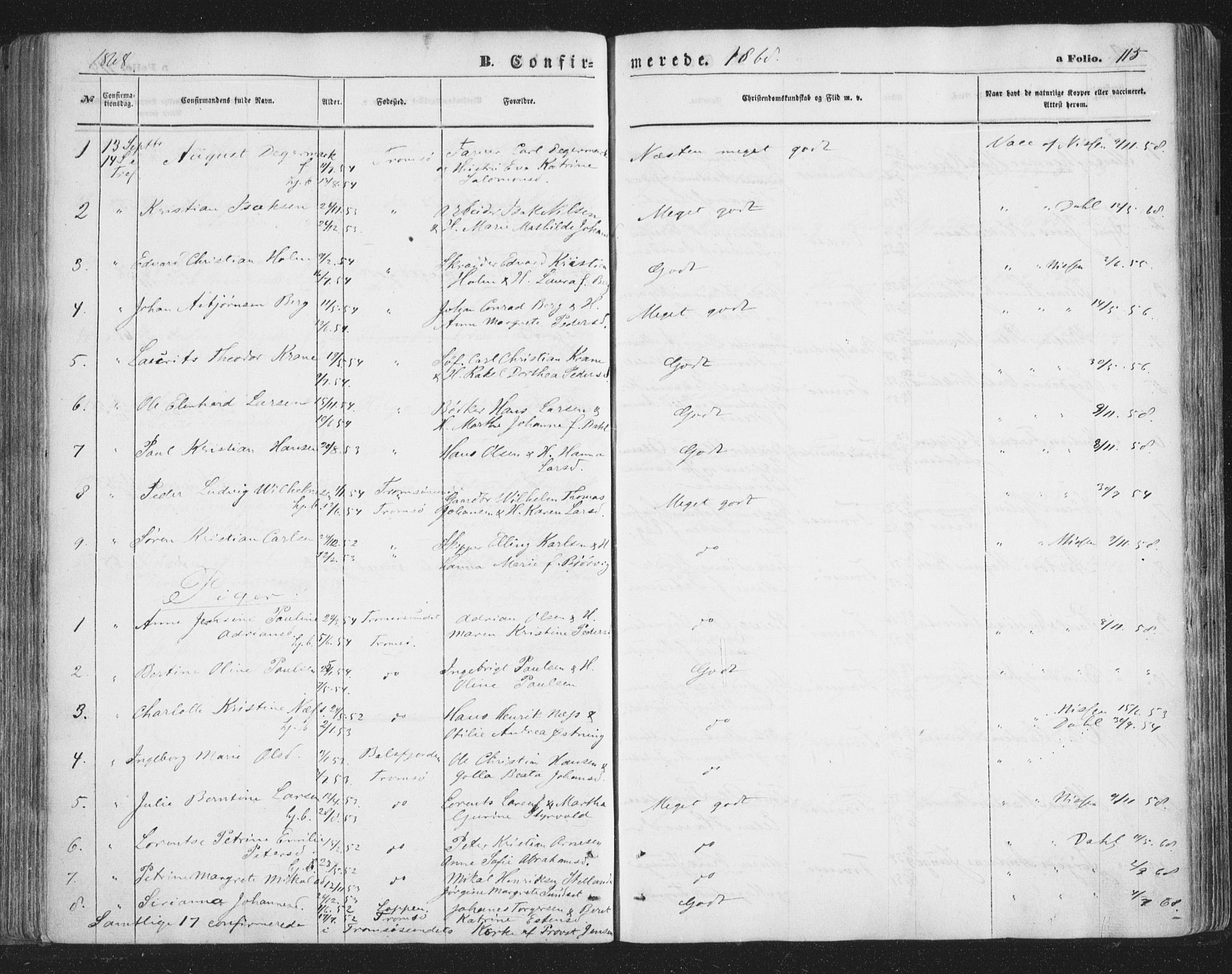 Tromsø sokneprestkontor/stiftsprosti/domprosti, AV/SATØ-S-1343/G/Ga/L0012kirke: Ministerialbok nr. 12, 1865-1871, s. 115