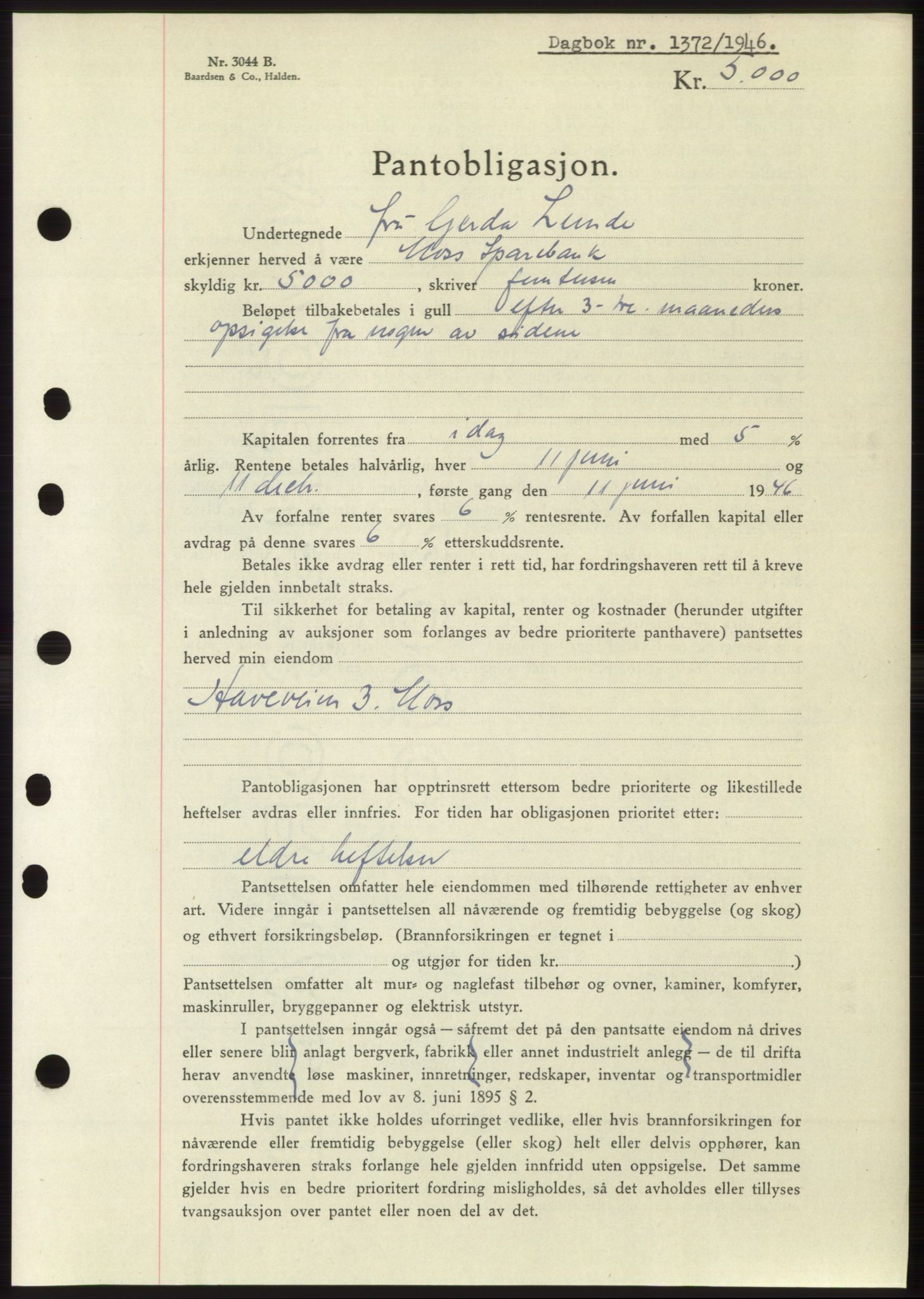 Moss sorenskriveri, SAO/A-10168: Pantebok nr. B15, 1946-1946, Dagboknr: 1372/1946
