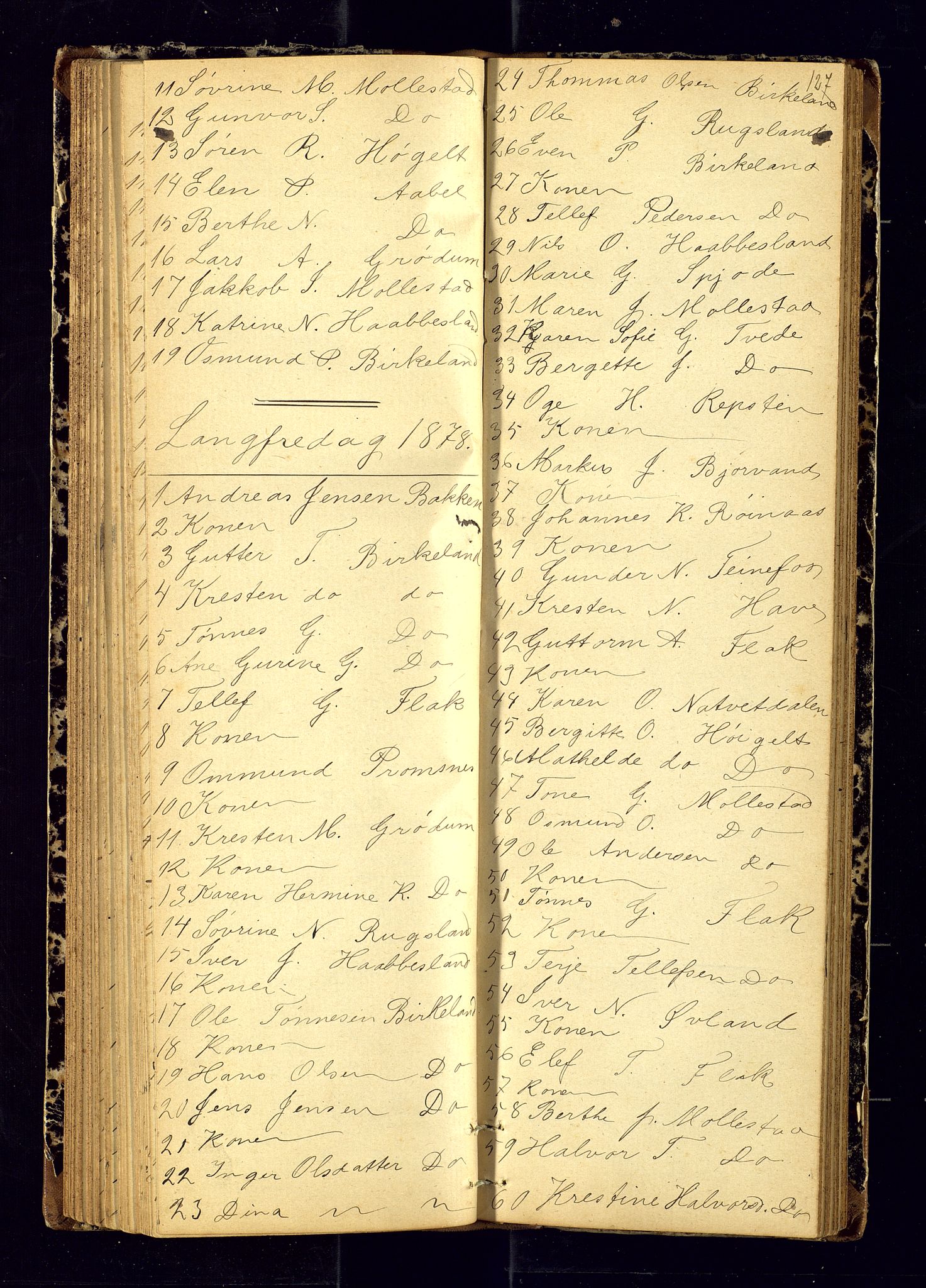 Birkenes sokneprestkontor, SAK/1111-0004/F/Fc/L0006: Kommunikantprotokoll nr. C-6, 1872-1880, s. 127