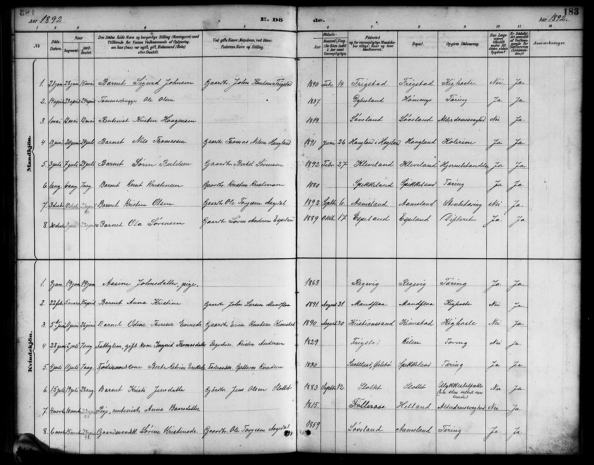 Bjelland sokneprestkontor, AV/SAK-1111-0005/F/Fb/Fbb/L0005: Klokkerbok nr. B 5, 1887-1918, s. 183