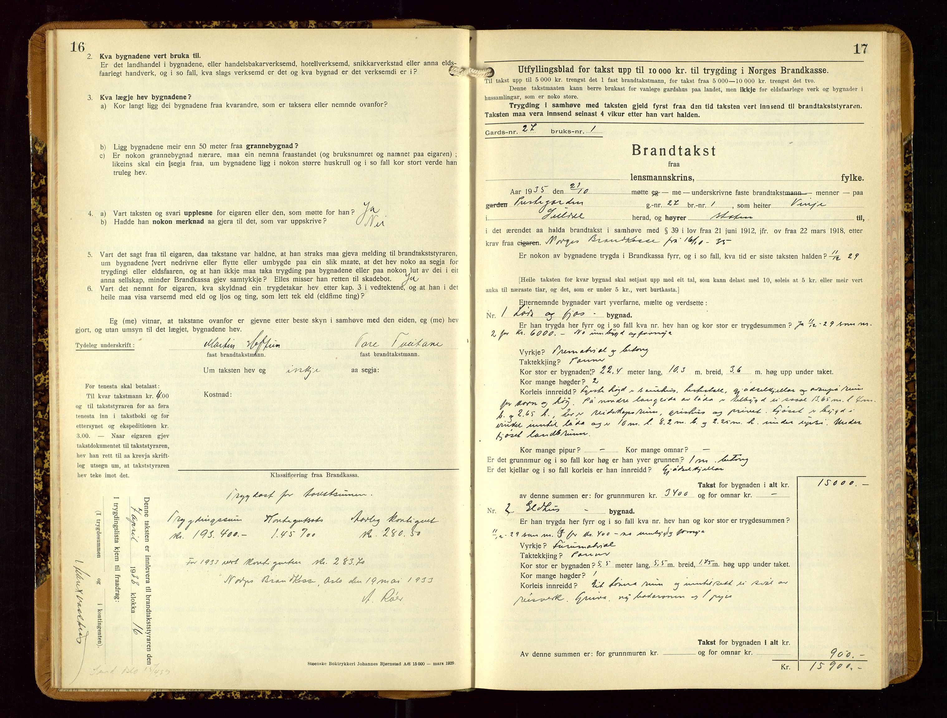 Suldal lensmannskontor, AV/SAST-A-100419/Gob/L0003: Branntakstprotokoll, 1924-1955, s. 16-17