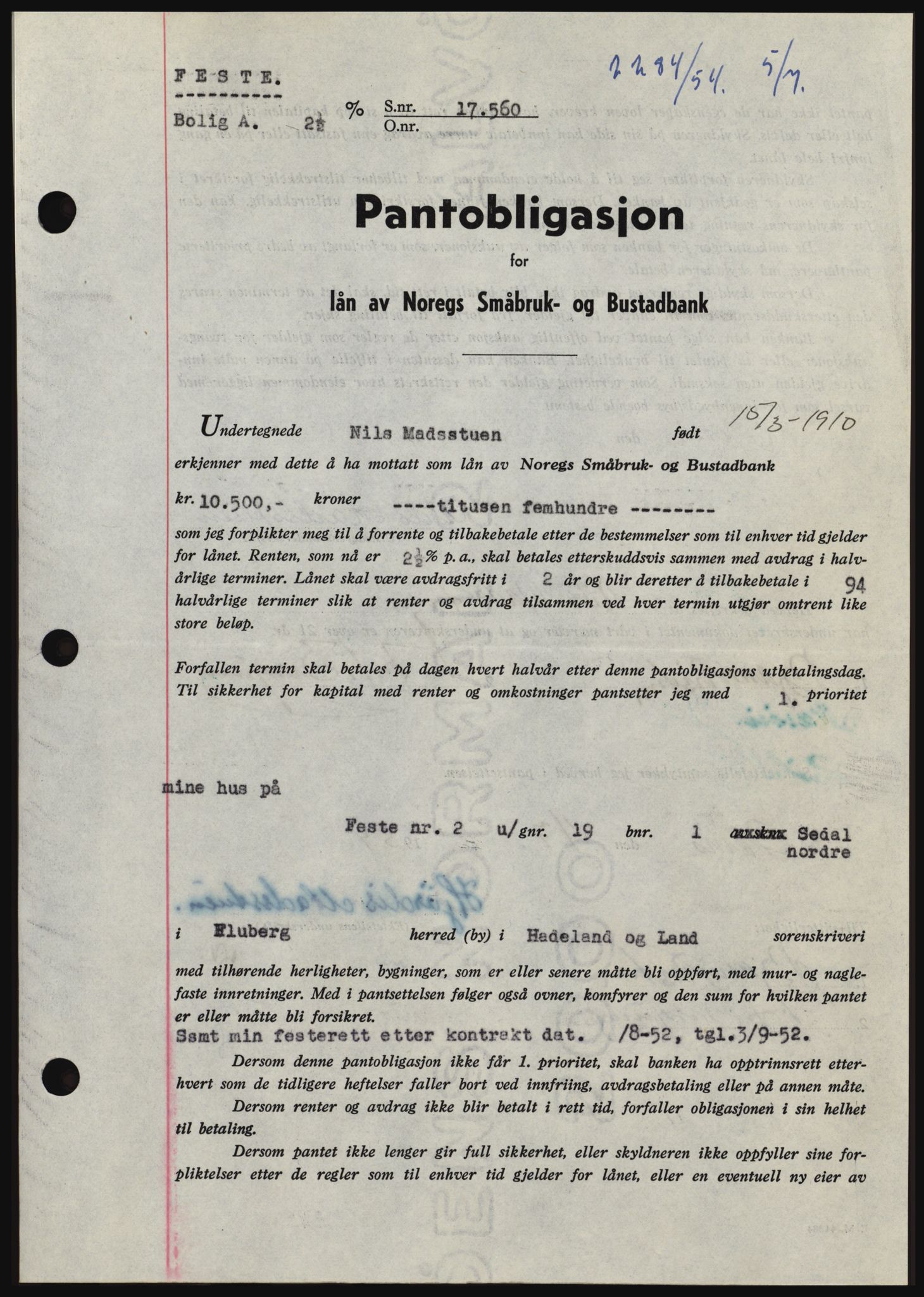 Hadeland og Land tingrett, SAH/TING-010/H/Hb/Hbc/L0030: Pantebok nr. B30, 1954-1954, Dagboknr: 2284/1954
