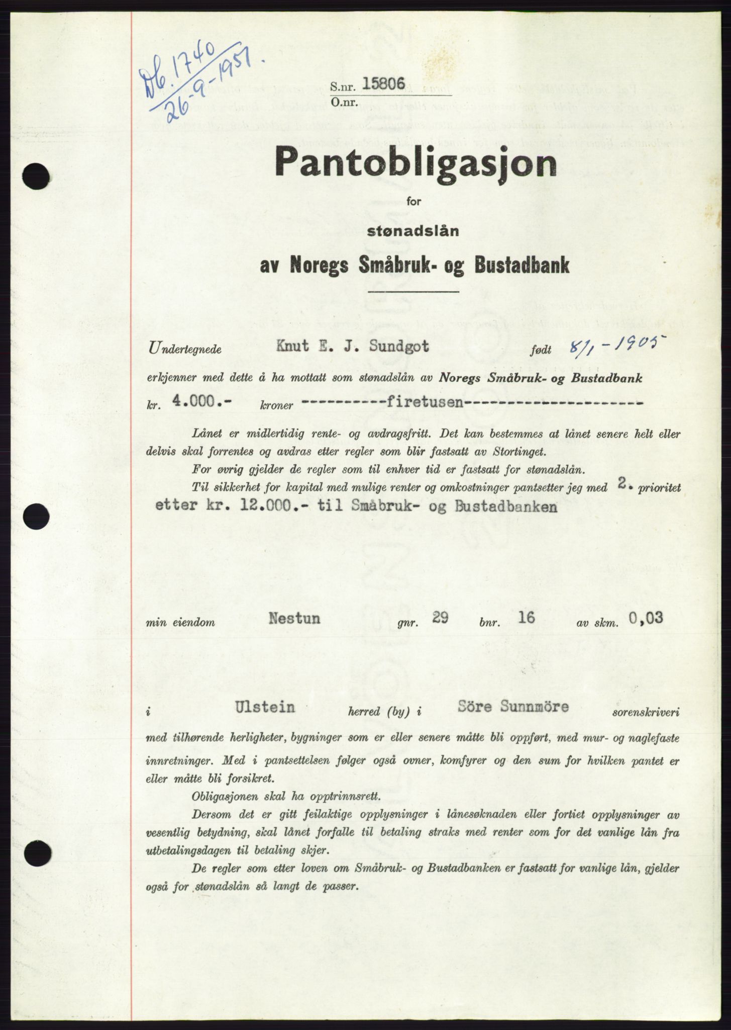 Søre Sunnmøre sorenskriveri, SAT/A-4122/1/2/2C/L0120: Pantebok nr. 8B, 1951-1951, Dagboknr: 1740/1951
