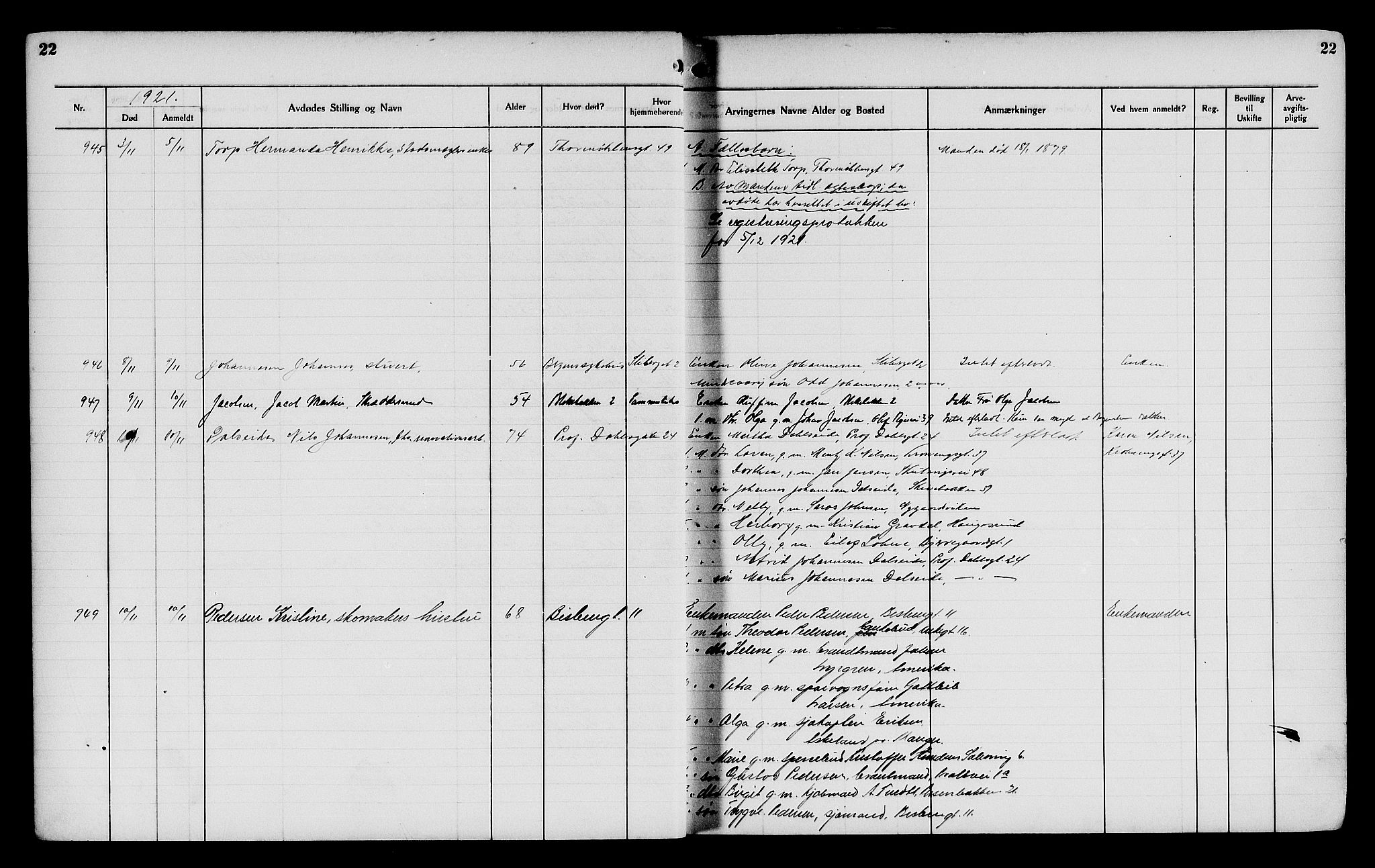 Byfogd og Byskriver i Bergen, AV/SAB-A-3401/06/06Na/L0014: Dødsfallsjournaler, 1921-1924, s. 22
