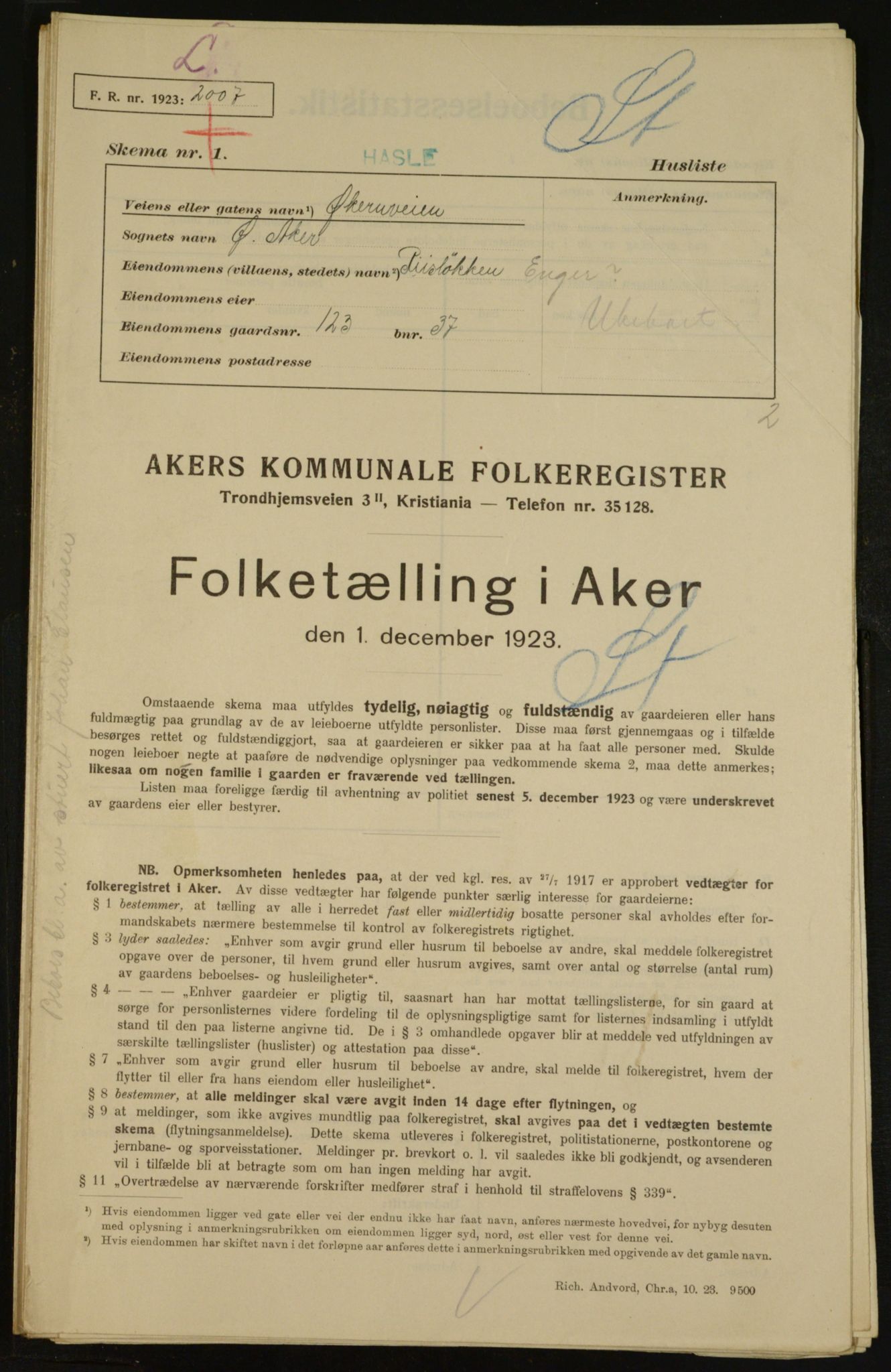 , Kommunal folketelling 1.12.1923 for Aker, 1923, s. 35196